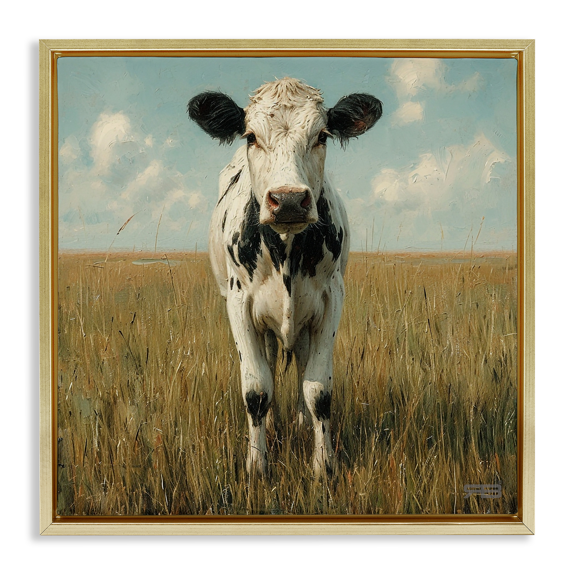 Stupell Industries Cow in Verdant Field Animals & Insects Painting Gold Floater Framed Canvas Art Print Wall Art, 18 x 18