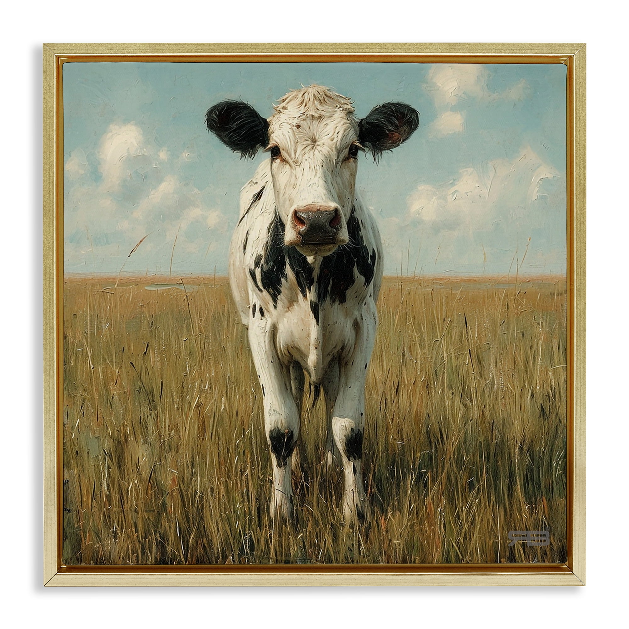 Stupell Industries Cow in Verdant Field Animals & Insects Painting Gold Floater Framed Canvas Art Print Wall Art, 25 x 25