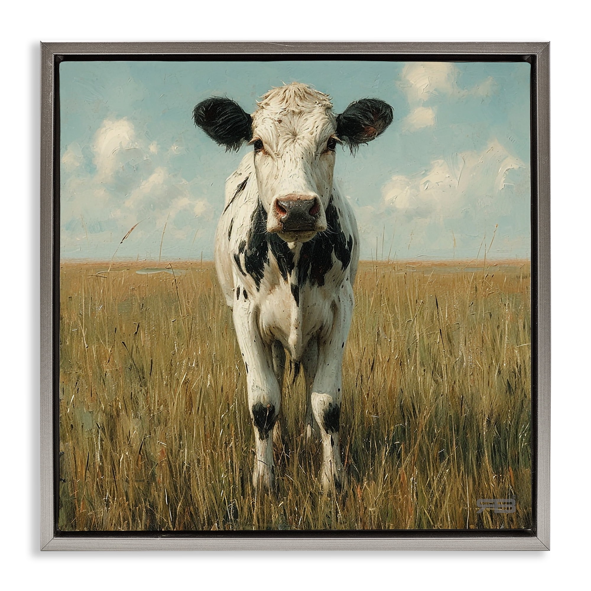 Stupell Industries Cow in Verdant Field Animals & Insects Painting Gray Floater Framed Canvas Art Print Wall Art, 18 x 18