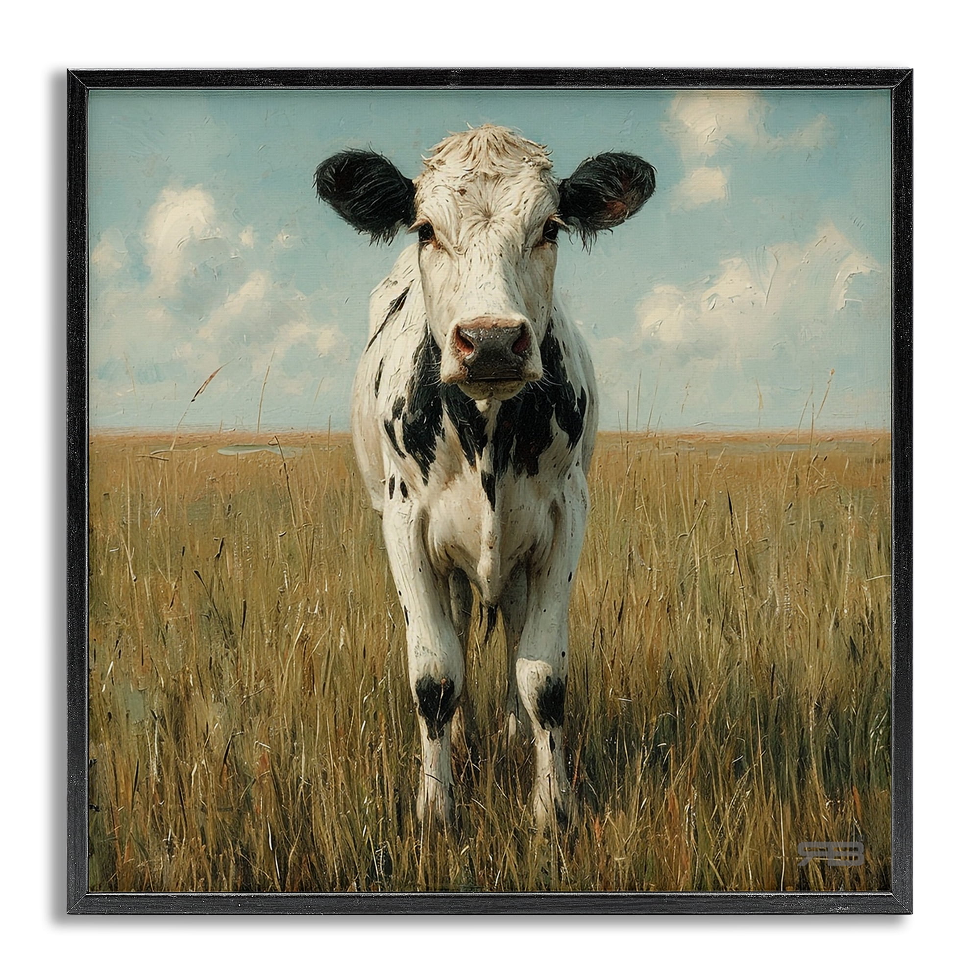 Stupell Industries Cow in Verdant Field Animals & Insects Painting Gray Framed Art Print Wall Art, 17 x 17