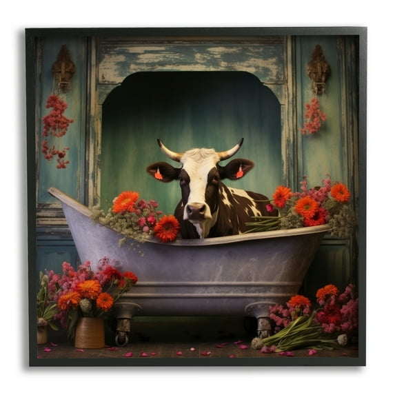 Stupell Industries Cow in Vintage Floral Tub Animals & Insects Painting Black Framed Art Print Wall Art, 12 x 12