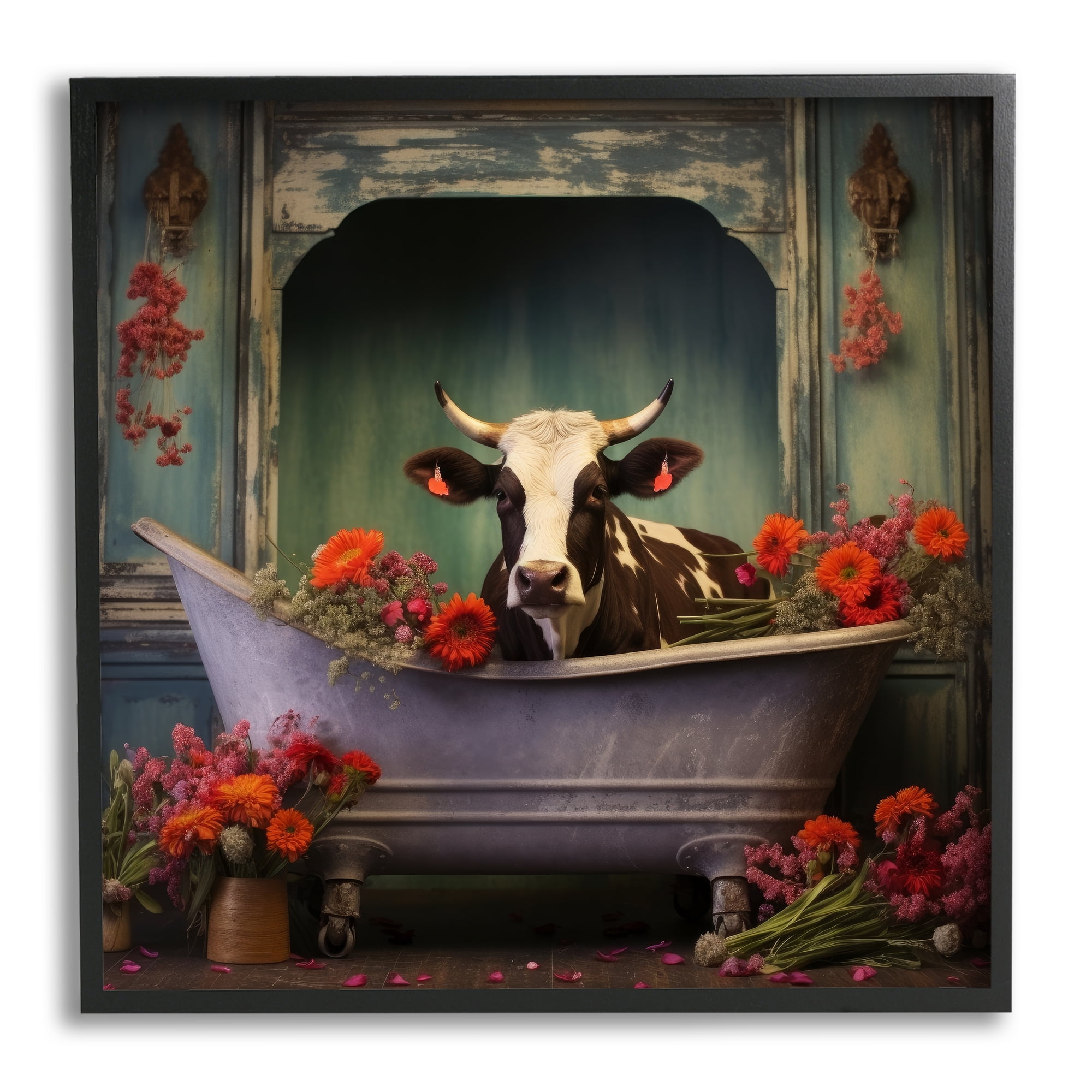 Stupell Industries Cow in Vintage Floral Tub Animals & Insects Painting Black Framed Art Print Wall Art, 24 x 24