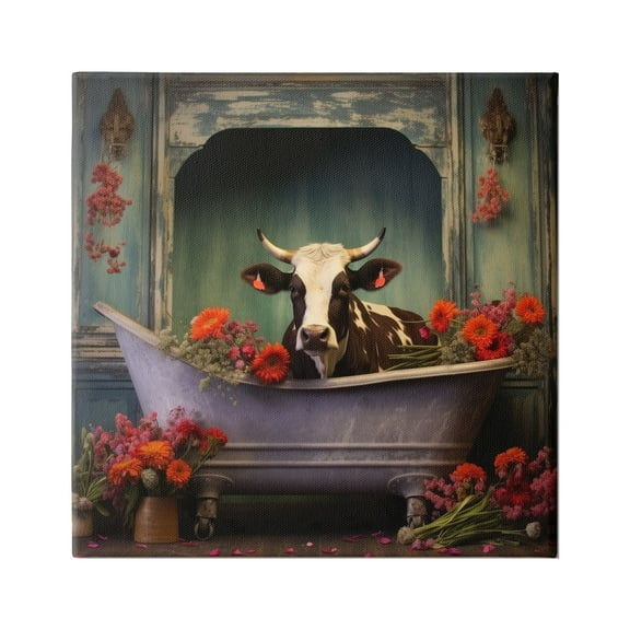 Stupell Industries Cow in Vintage Floral Tub Animals & Insects Painting Gallery Wrapped Canvas Art Print Wall Art, 17 x 17
