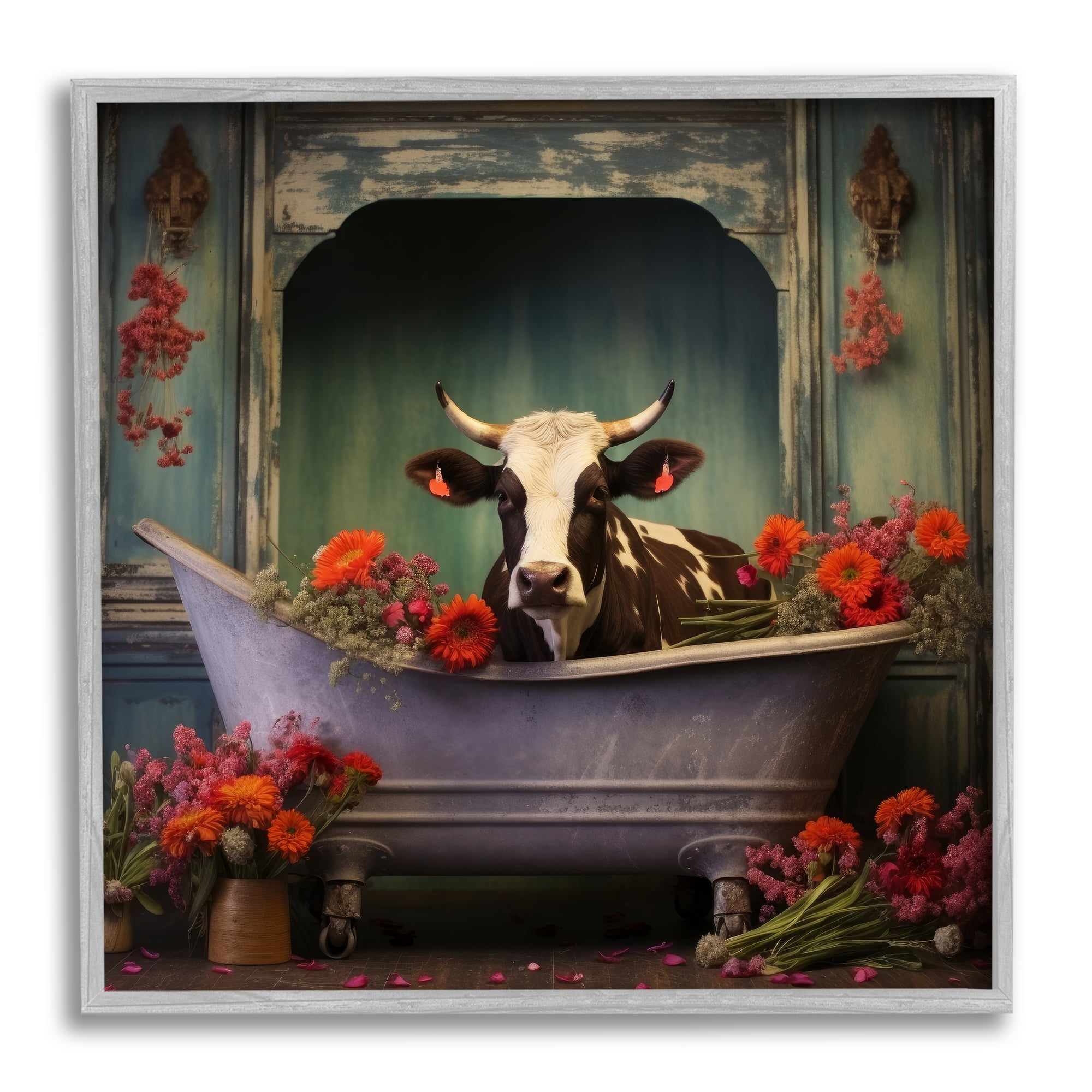 Stupell Industries Cow in Vintage Floral Tub Animals & Insects Painting Gray Framed Art Print Wall Art, 24 x 24