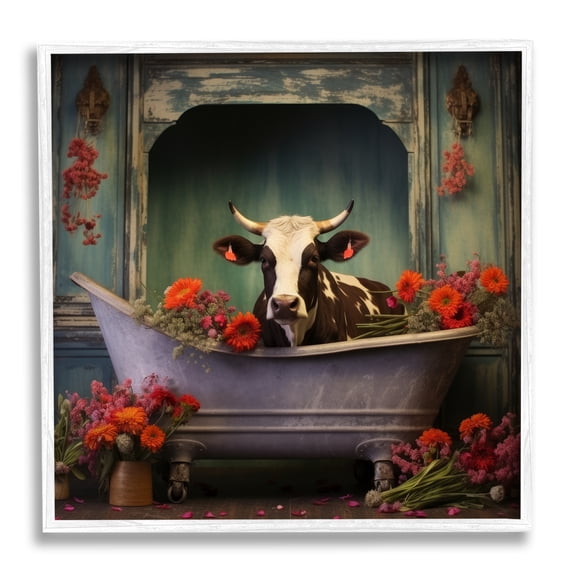 Stupell Industries Cow in Vintage Floral Tub Animals & Insects Painting White Framed Art Print Wall Art, 12 x 12