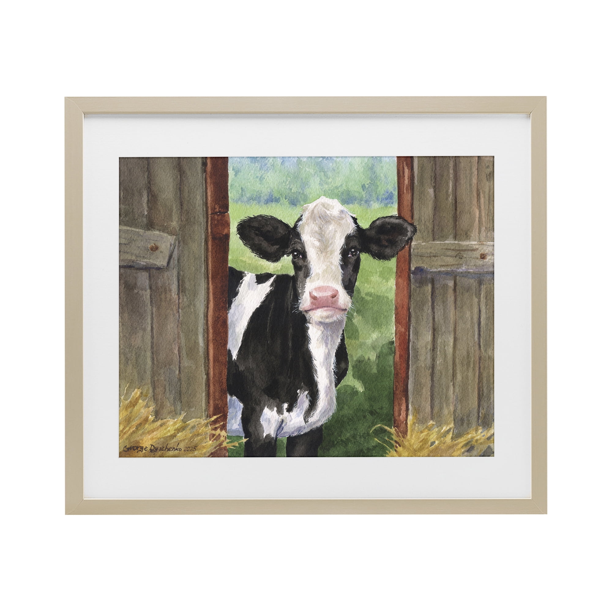 Stupell Industries Cow in Wooden Gate Birch Framed Print Under Glass, design by George Dyachenko