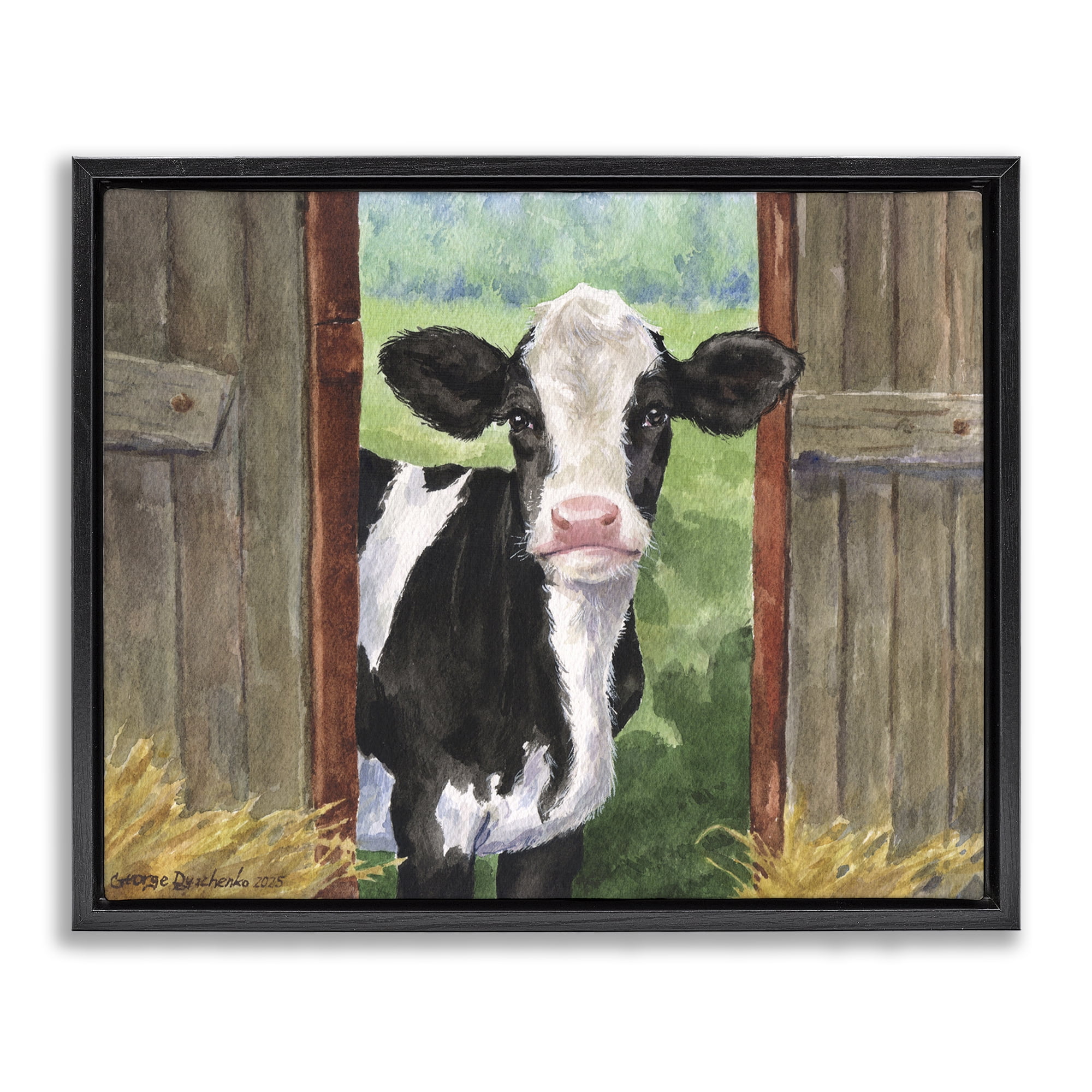 Stupell Industries Cow in Wooden Gate Black Framed Floater Canvas Wall Art, design by George Dyachenko