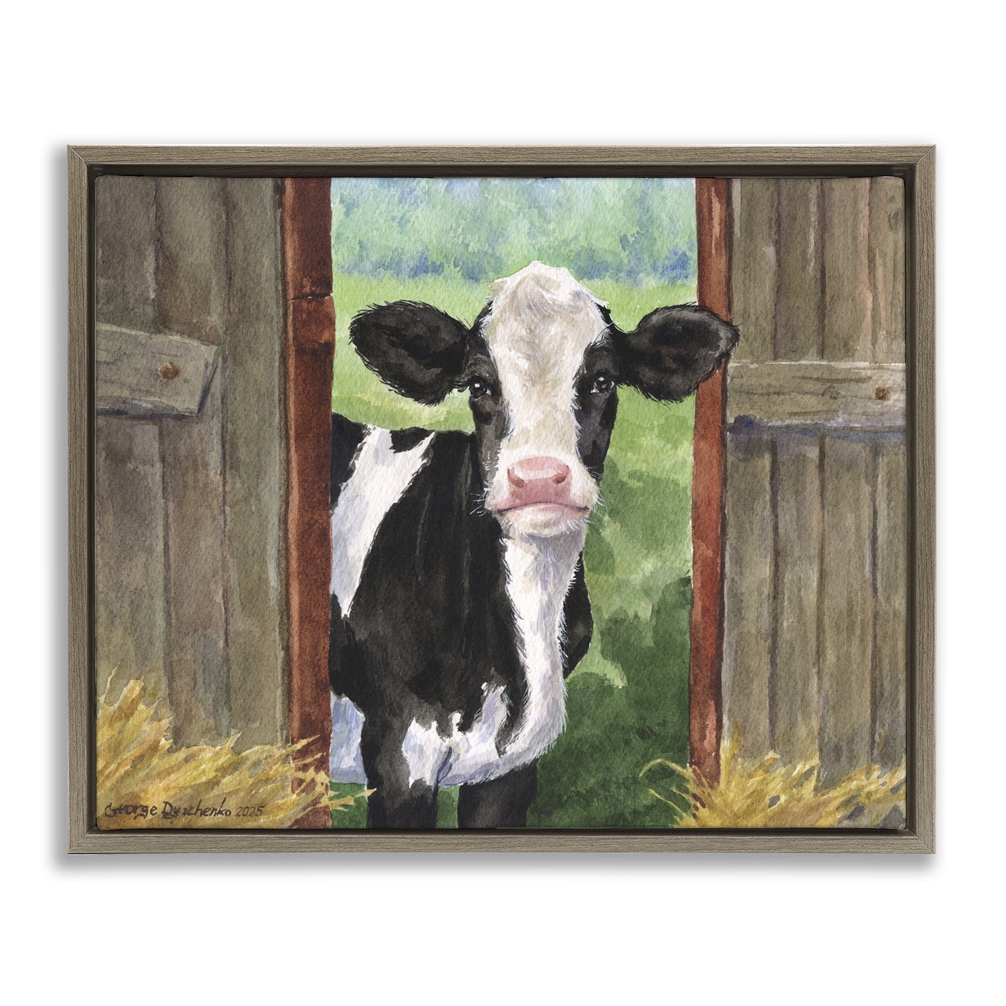 Stupell Industries Cow in Wooden Gate Brown Framed Floater Canvas Wall Art, design by George Dyachenko