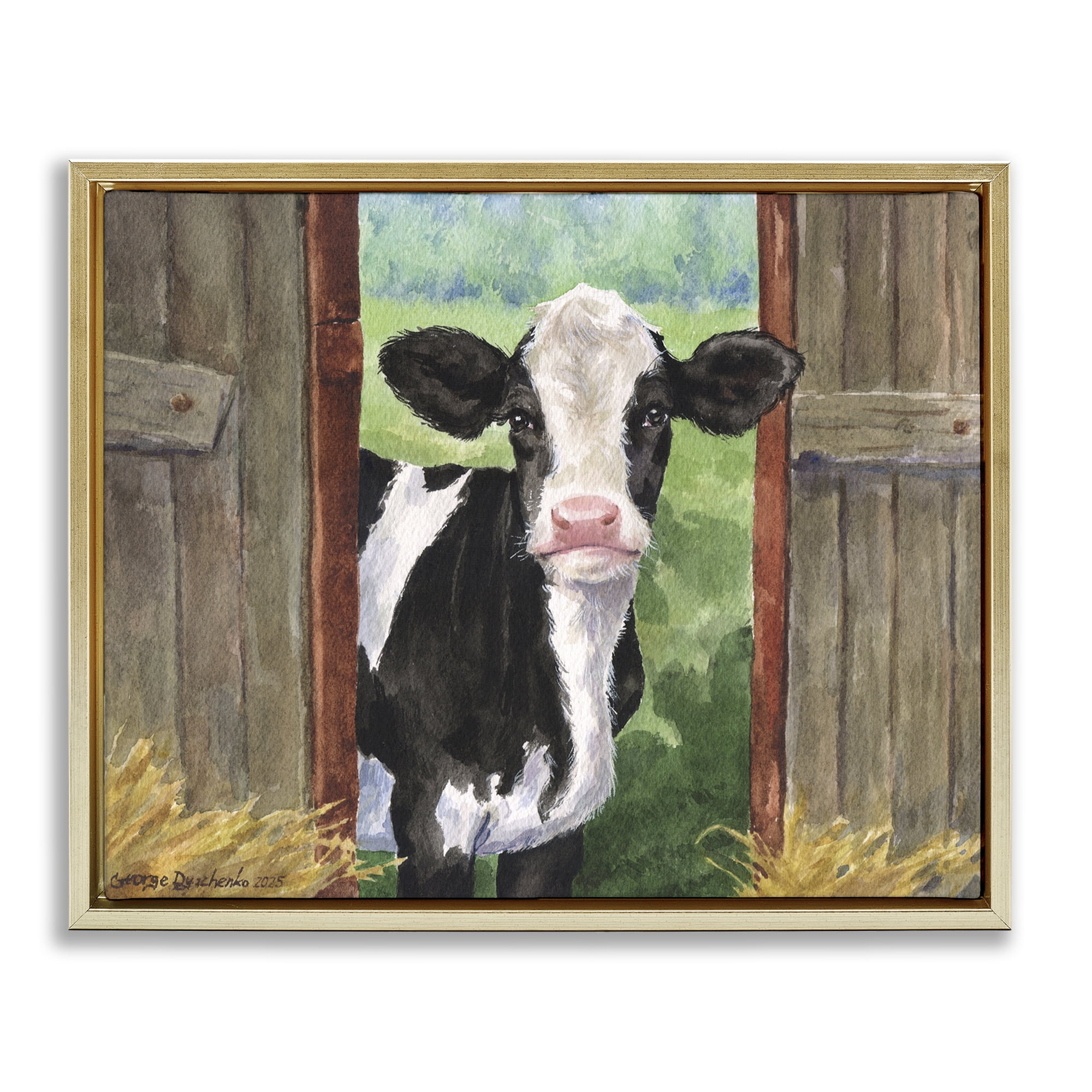 Stupell Industries Cow in Wooden Gate Gold Framed Floater Canvas Wall Art, design by George Dyachenko