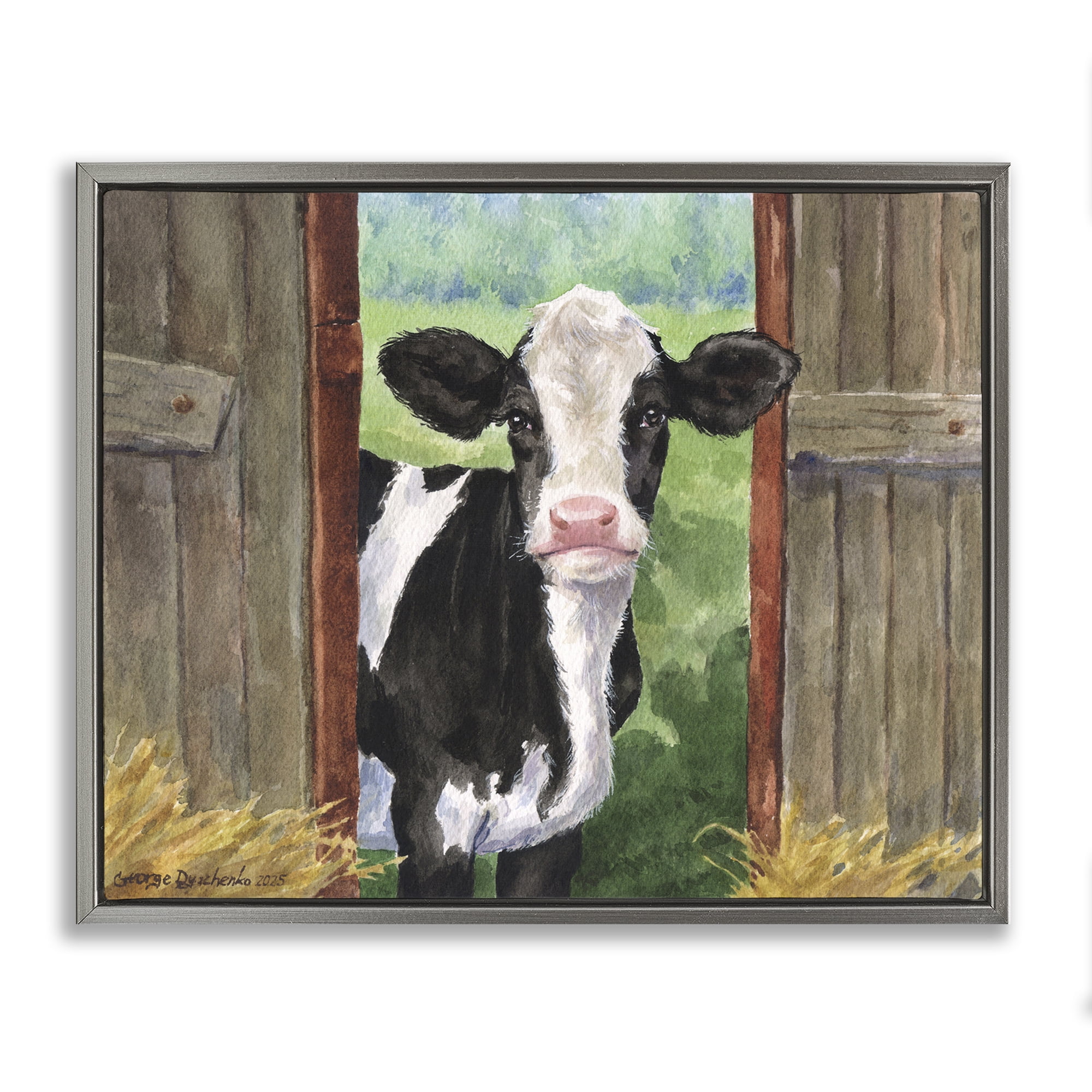 Stupell Industries Cow in Wooden Gate Gray Framed Floater Canvas Wall Art, design by George Dyachenko