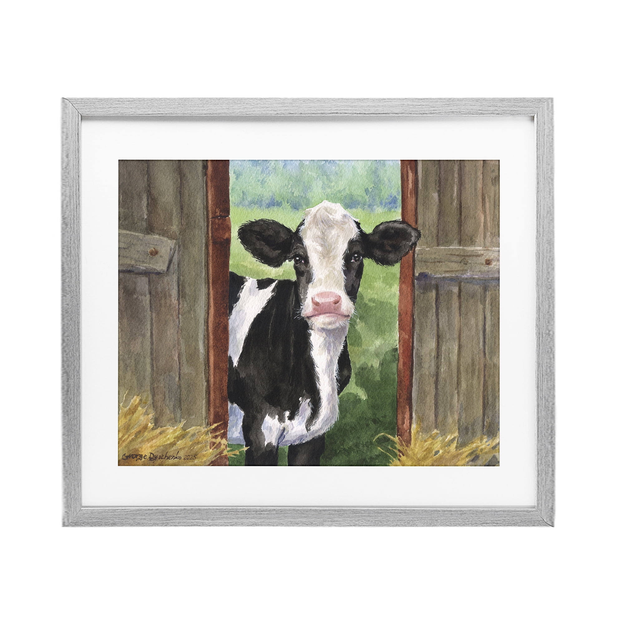 Stupell Industries Cow in Wooden Gate Gray Framed Print Under Glass, design by George Dyachenko