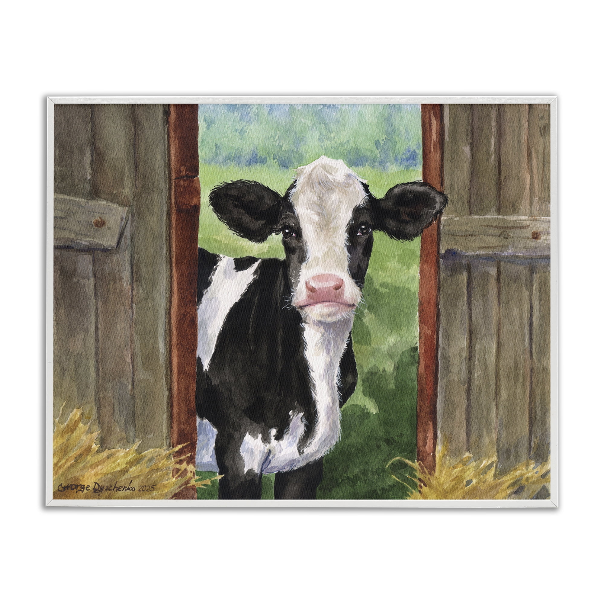 Stupell Industries Cow in Wooden Gate White Framed Giclee Art, design by George Dyachenko