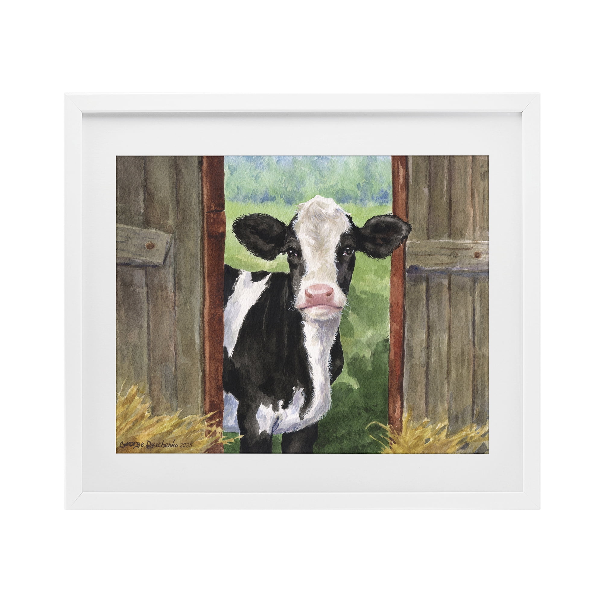 Stupell Industries Cow in Wooden Gate White Framed Print Under Glass, design by George Dyachenko