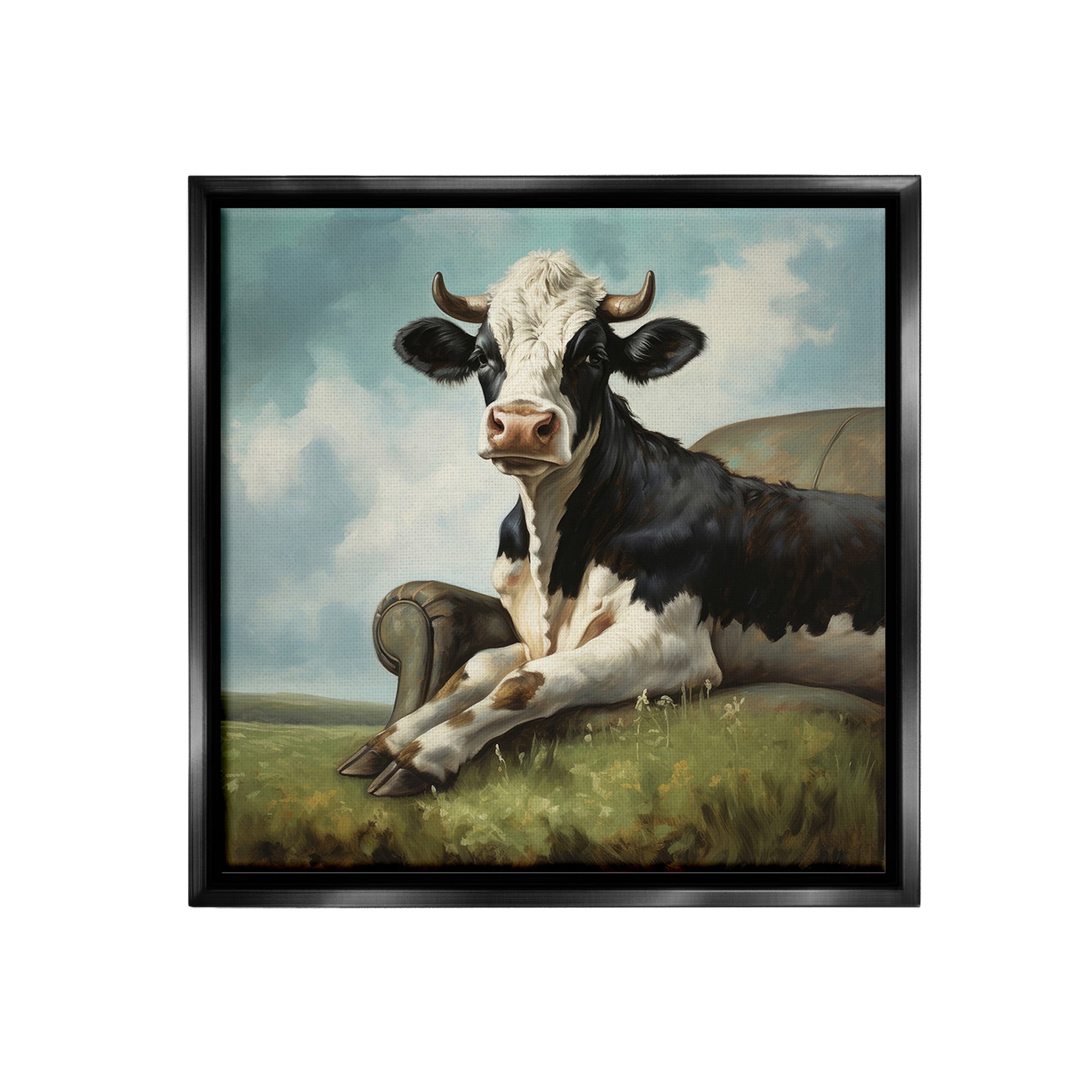 Stupell Industries Cow on Country Couch Animals & Insects Painting Black Floater Framed Canvas Art Print Wall Art, 25 x 25