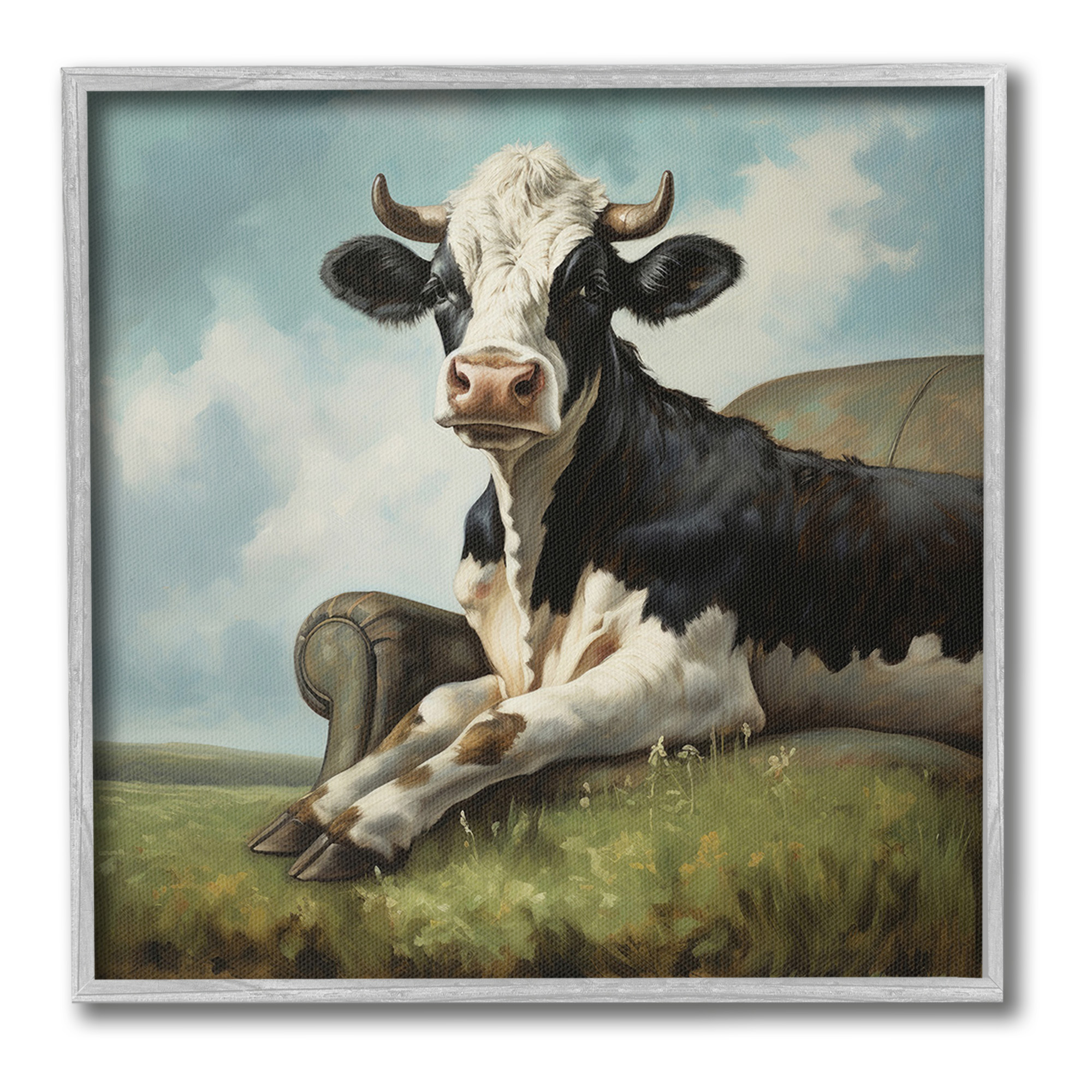 Stupell Industries Cow on Country Couch Animals & Insects Painting Gray Framed Art Print Wall Art, 12 x 12