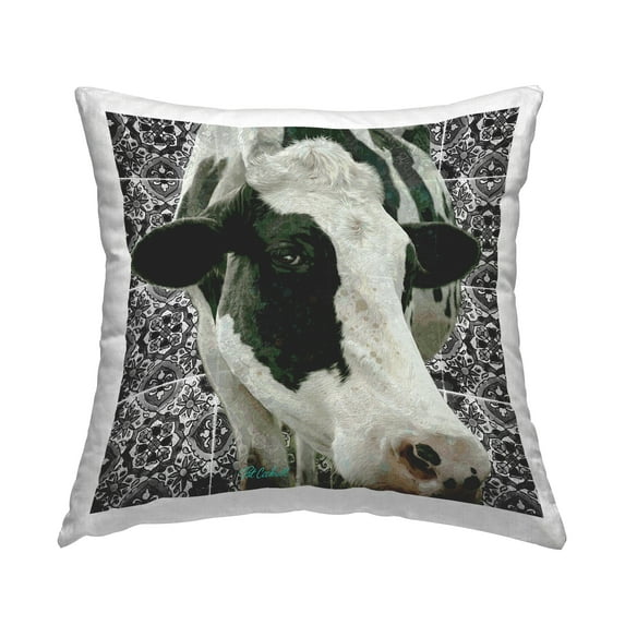 Stupell Industries Cow on Mosaic Pattern Square Decorative Printed Throw Pillow, 18 x 18
