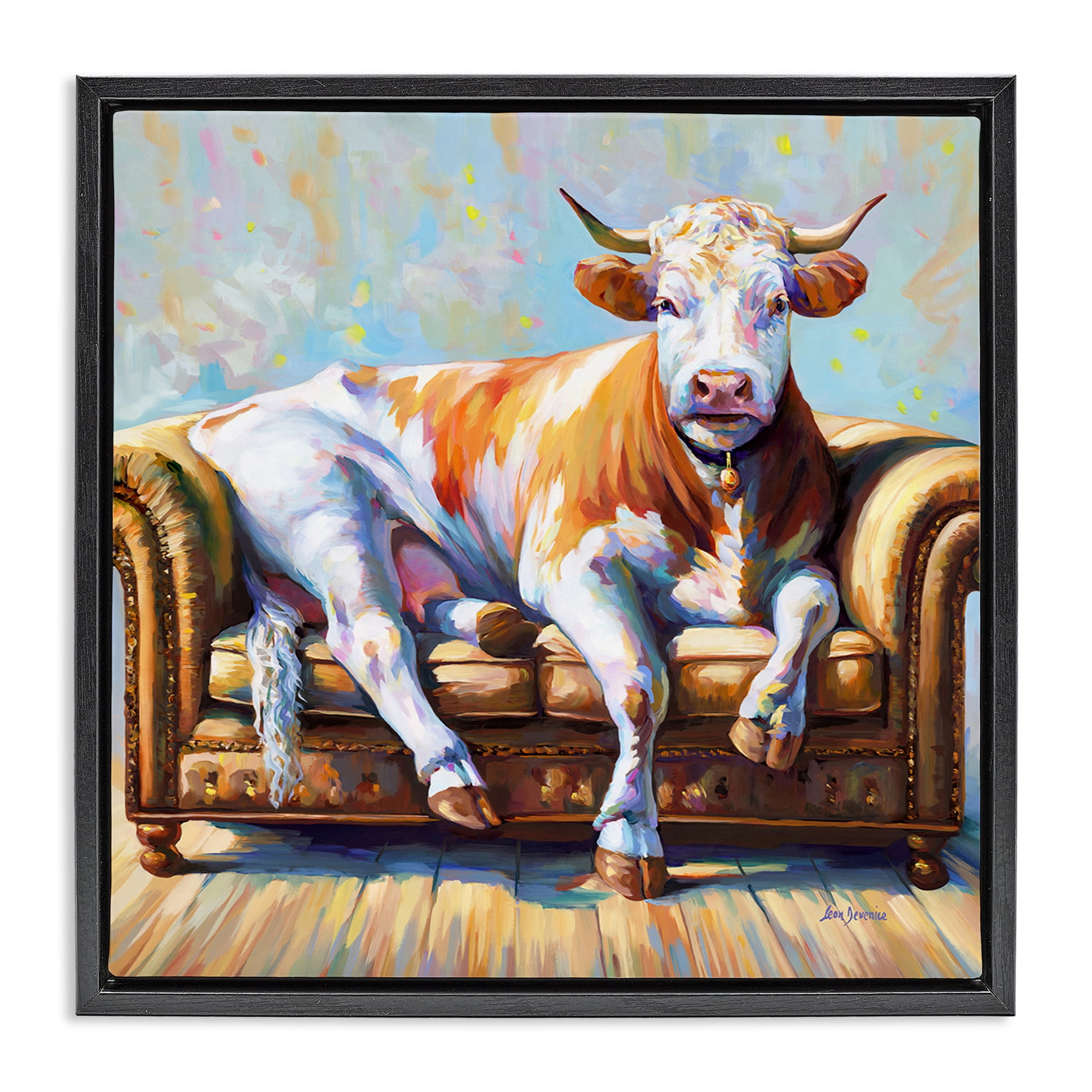 Stupell Industries Cow's Day Off Animals & Insects Painting Black Floater Framed Canvas Art Print Wall Art, 25 x 25