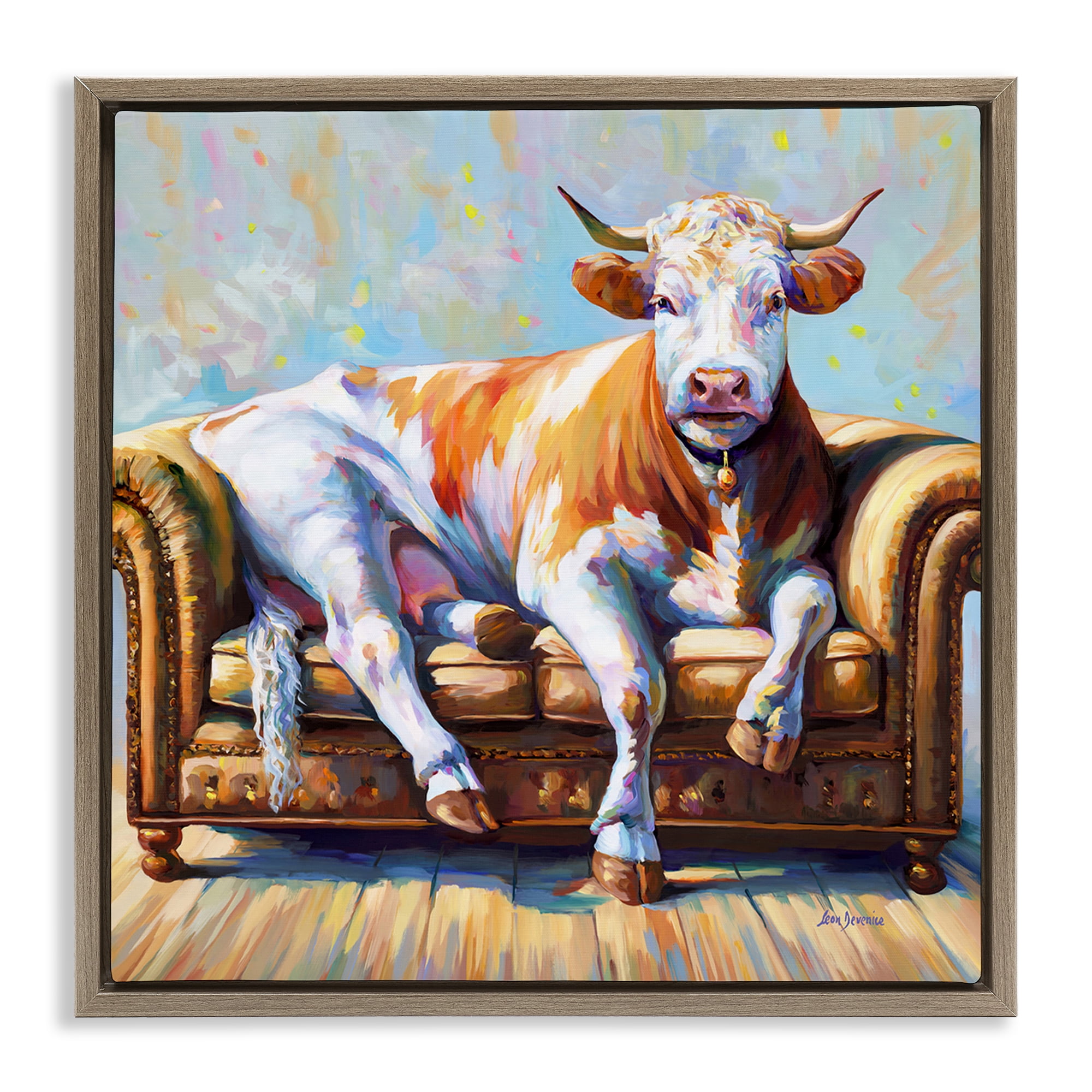 Stupell Industries Cow's Day Off Animals & Insects Painting Brown Floater Framed Canvas Art Print Wall Art, 18 x 18