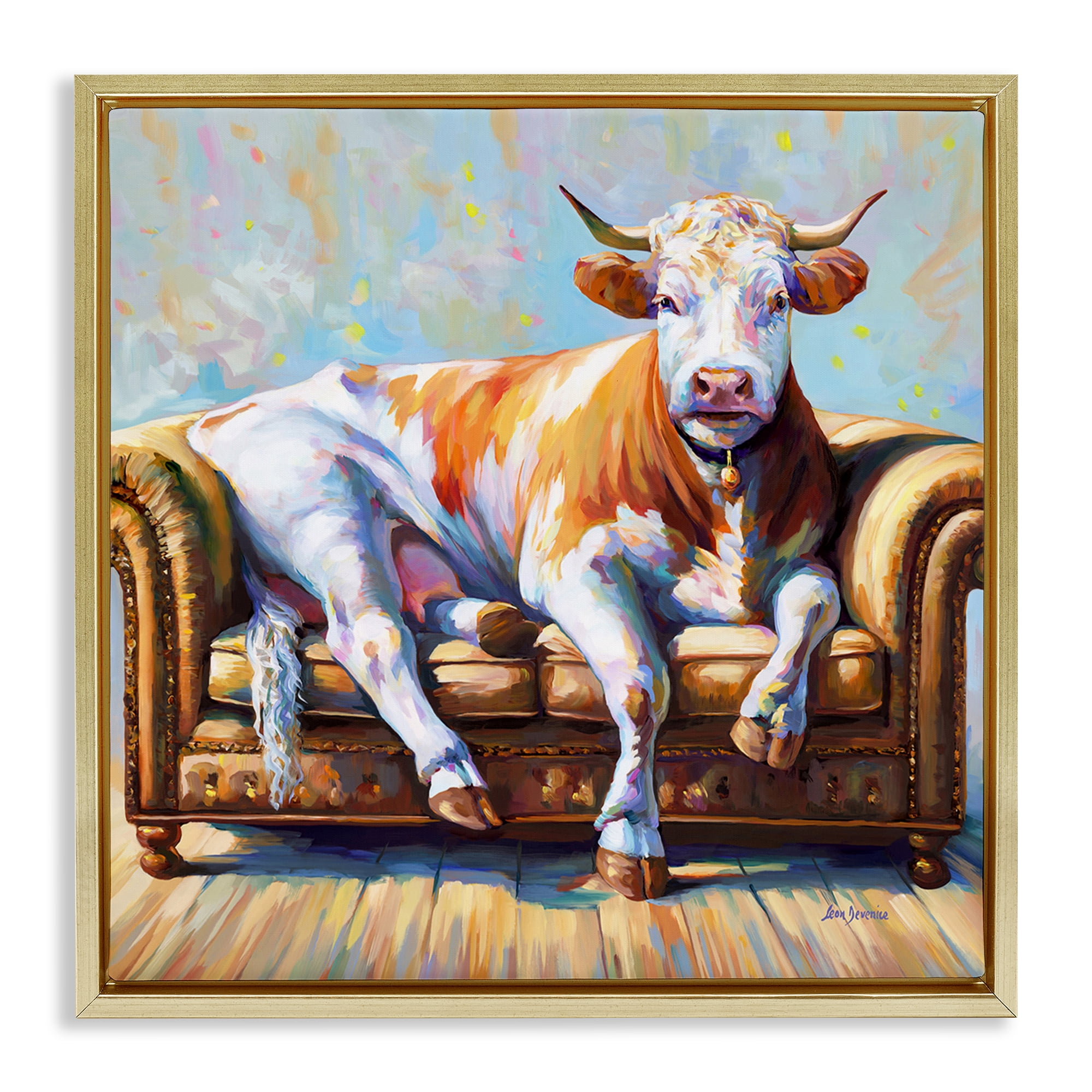 Stupell Industries Cow's Day Off Animals & Insects Painting Gold Floater Framed Canvas Art Print Wall Art, 18 x 18