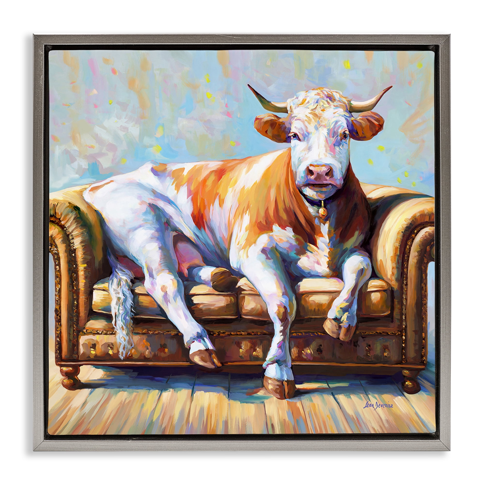 Stupell Industries Cow's Day Off Animals & Insects Painting Gray Floater Framed Canvas Art Print Wall Art, 18 x 18