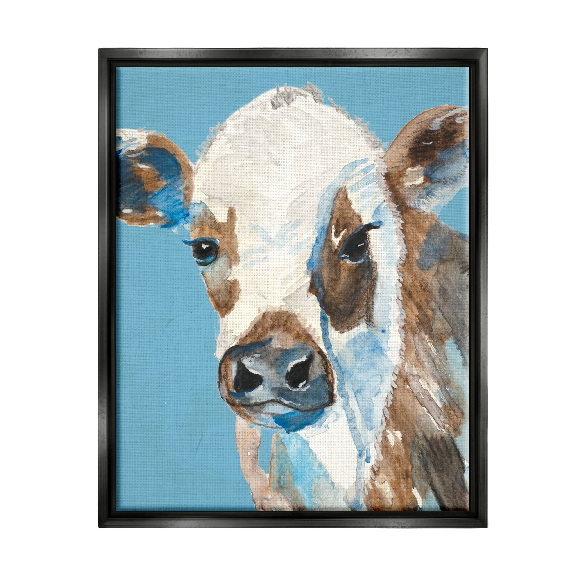 Stupell Industries Cow with Blue Background Animals & Insects Painting Black Floater Framed Art Print Wall Art, 17 x 21