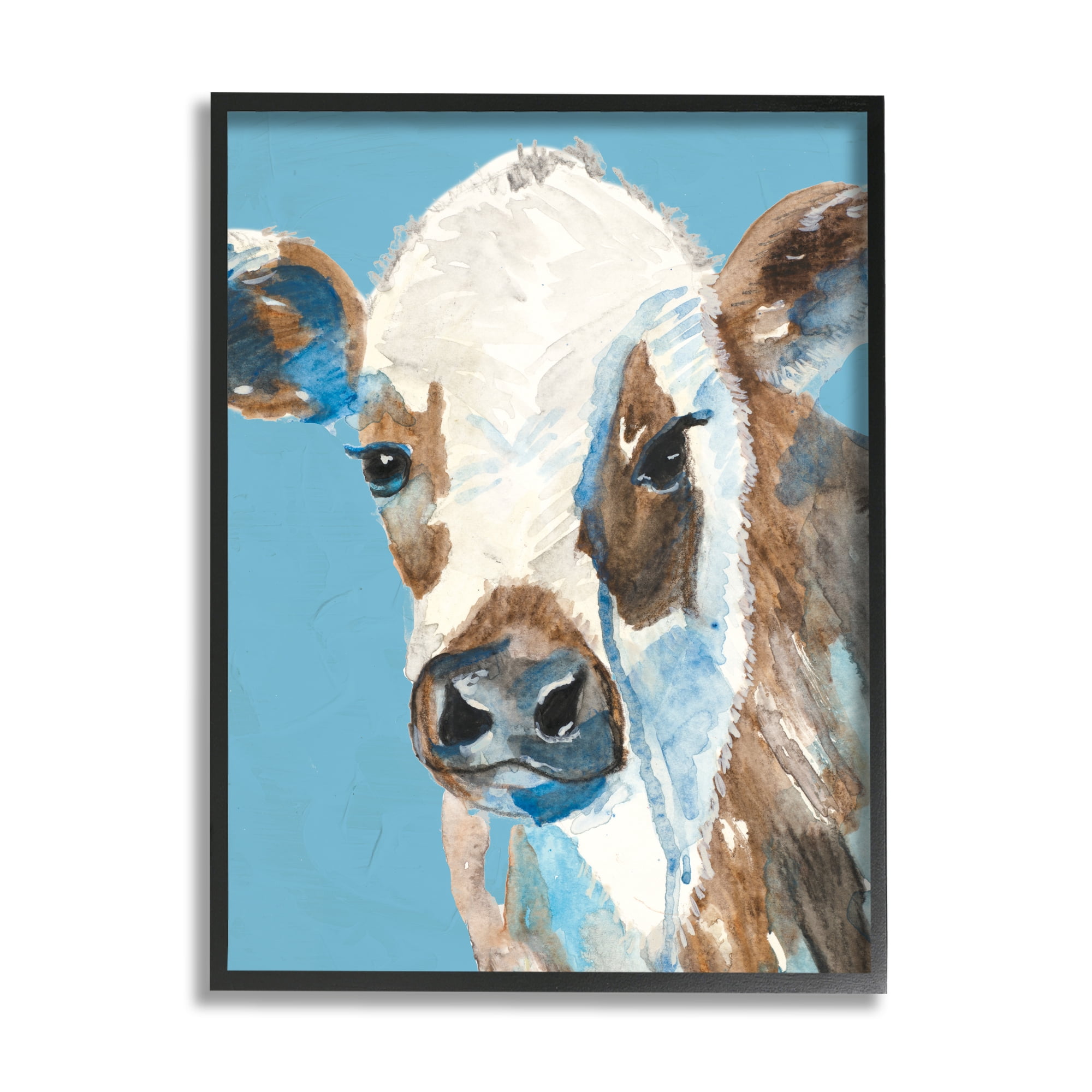 Stupell Industries Cow with Blue Background Animals & Insects Painting Black Framed Art Print Wall Art, 24 x 30