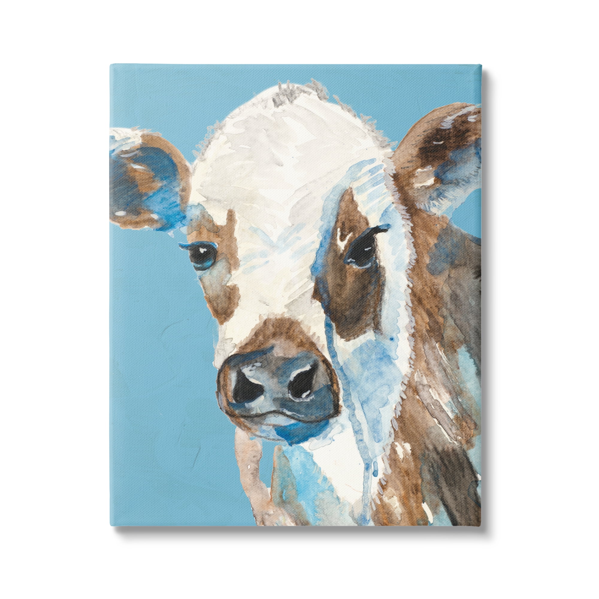 Stupell Industries Cow with Blue Background Animals & Insects Painting Gallery Wrapped Canvas Print Wall Art, 36 x 48