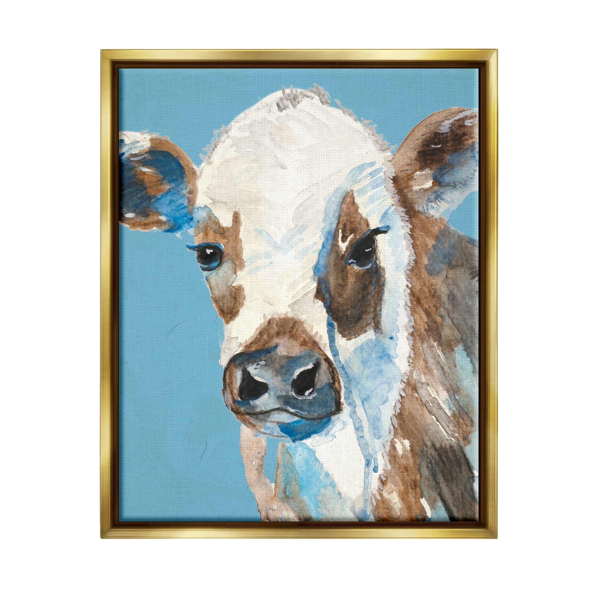 Stupell Industries Cow with Blue Background Animals & Insects Painting Gold Floater Framed Art Print Wall Art, 17 x 21