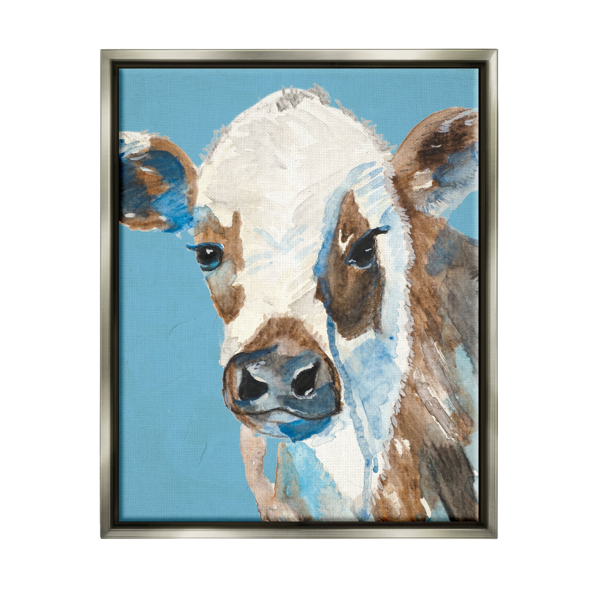 Stupell Industries Cow with Blue Background Animals & Insects Painting Gray Floater Framed Art Print Wall Art, 17 x 21