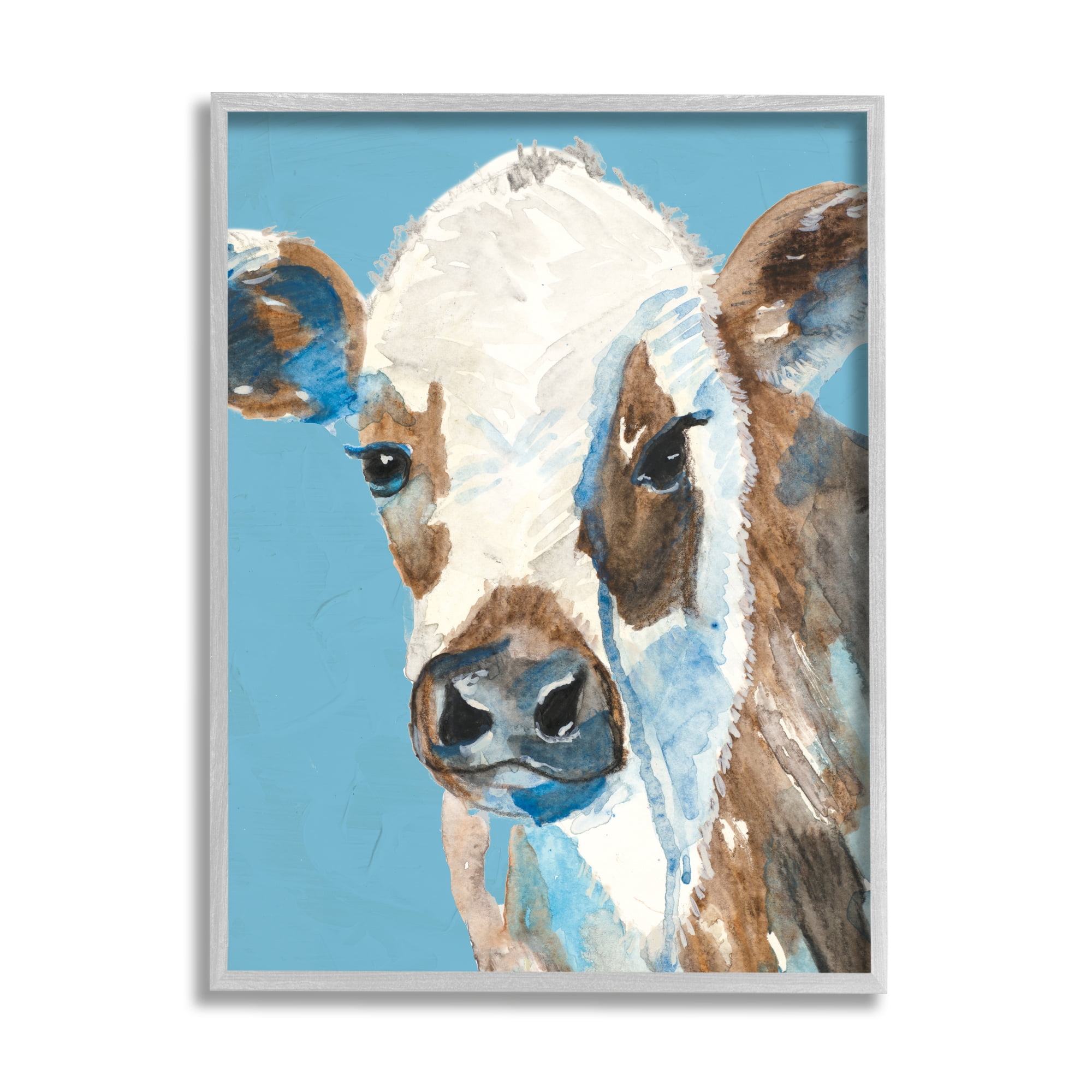 Stupell Industries Cow with Blue Background Animals & Insects Painting Gray Framed Art Print Wall Art, 16 x 20