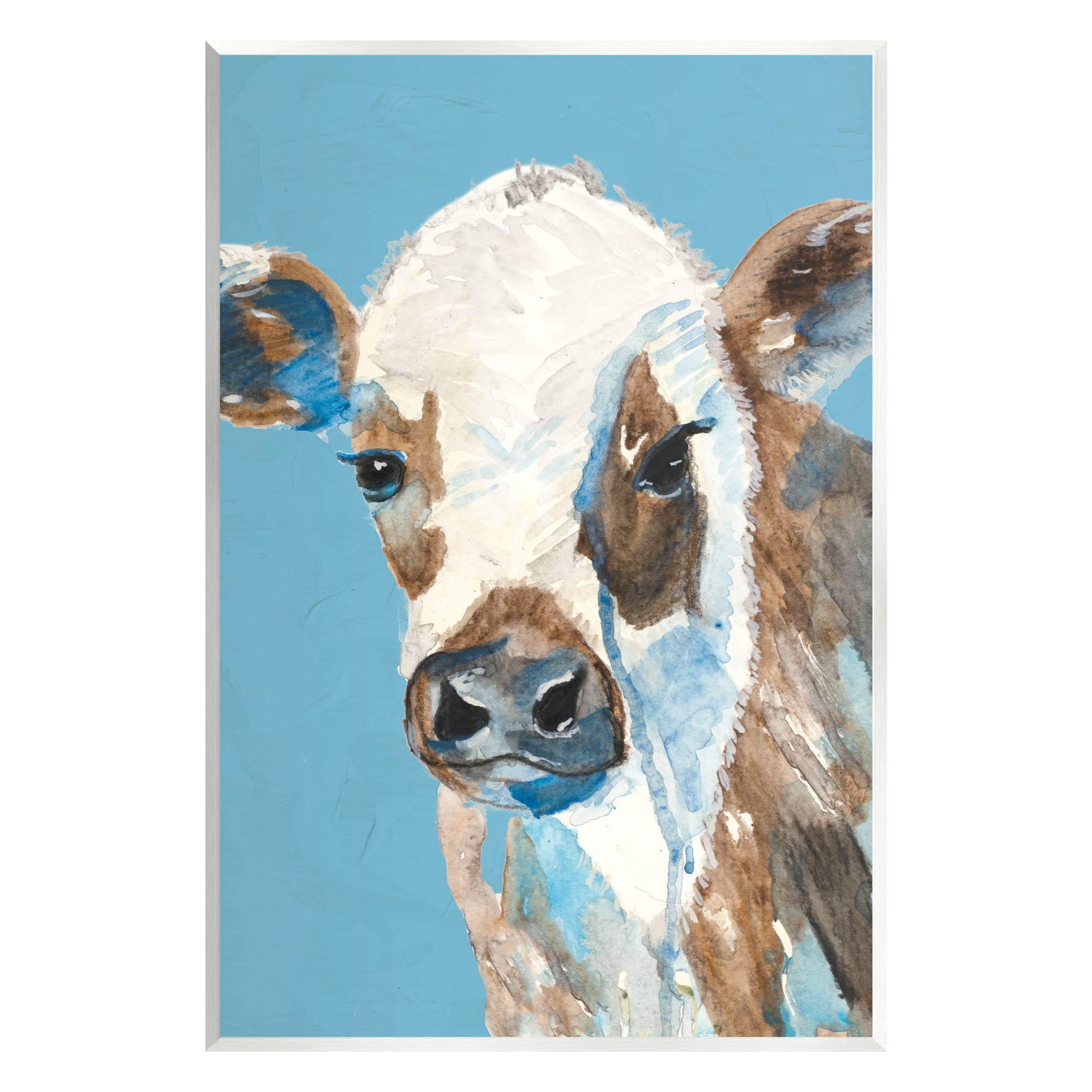 Stupell Industries Cow with Blue Background Animals & Insects Painting Unframed Art Print Wall Art, 13 x 19