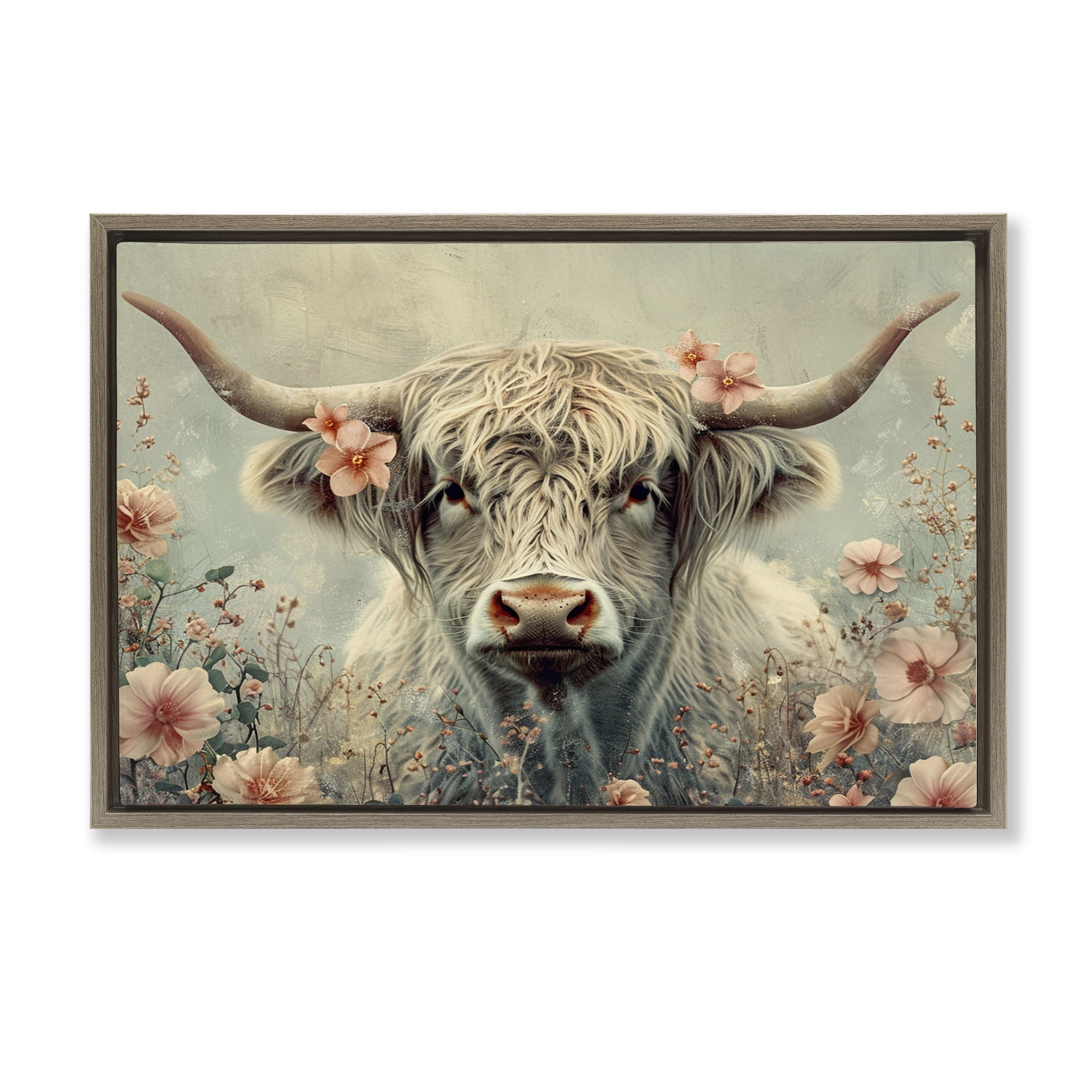 Stupell Industries Cow with Cherry Blossoms Animals Painting Brown Floater Framed Canvas Art Print Wall Art, 31 x 21