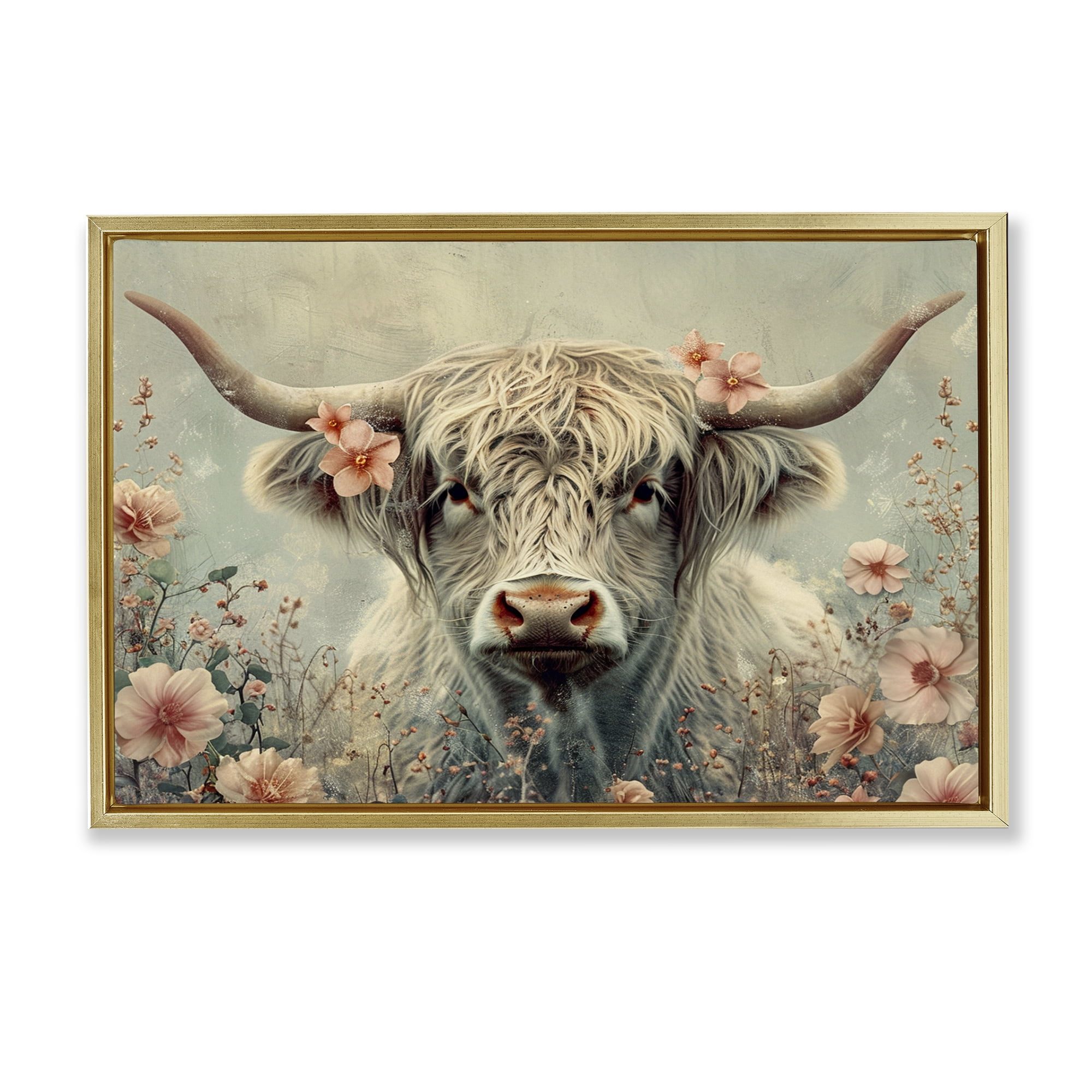 Stupell Industries Cow with Cherry Blossoms Animals Painting Gold Floater Framed Canvas Art Print Wall Art, 25 x 17