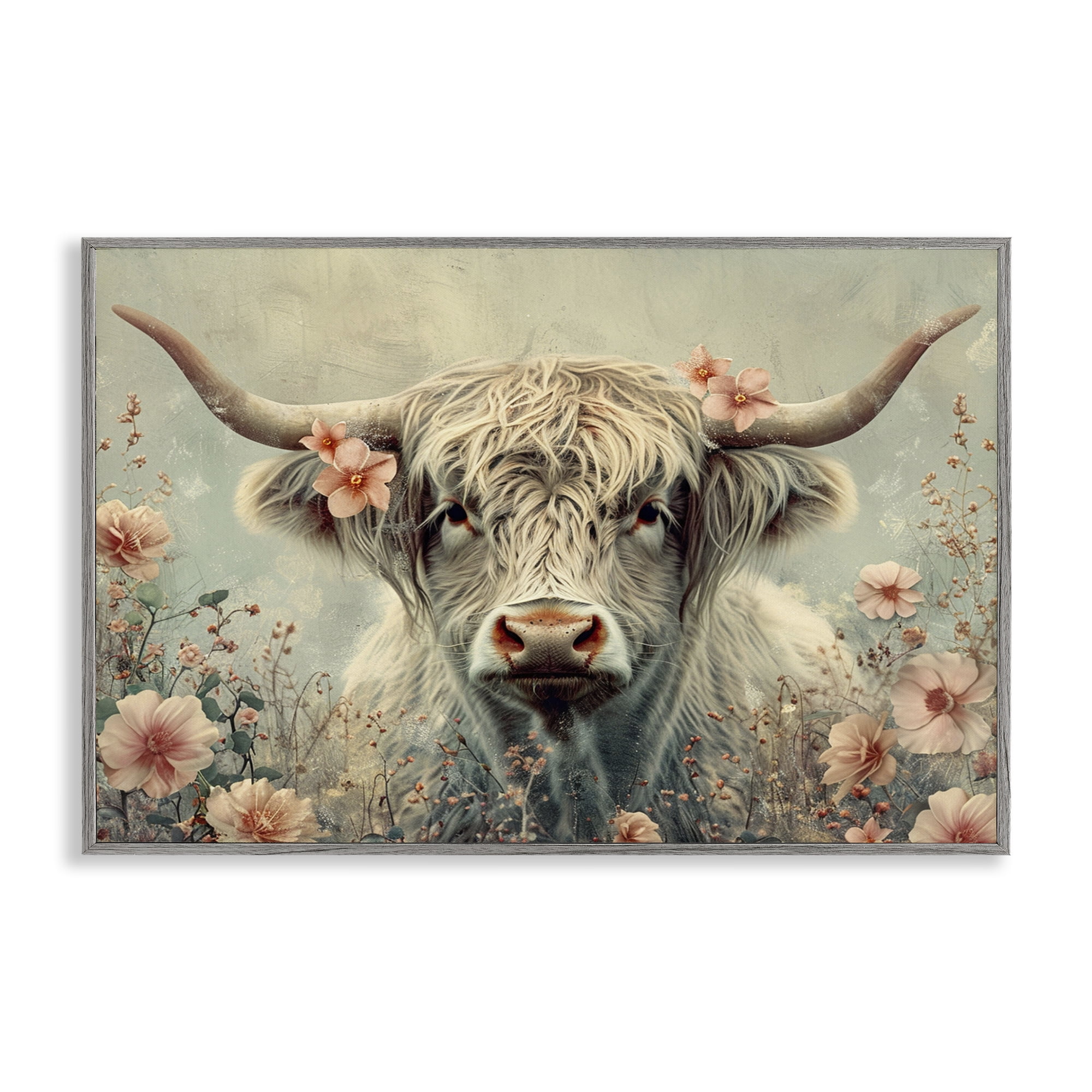 Stupell Industries Cow with Cherry Blossoms Animals Painting Gray Framed Art Print Wall Art, 24 x 16