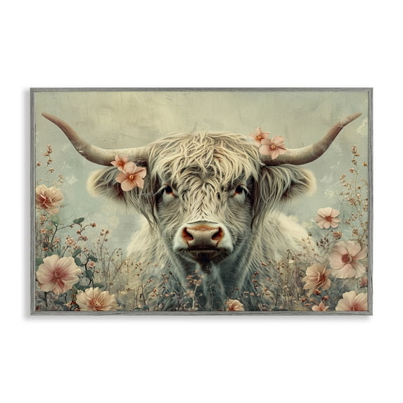Stupell Industries Cow with Cherry Blossoms Animals Painting Gray Framed Art Print Wall Art, 24 x 16