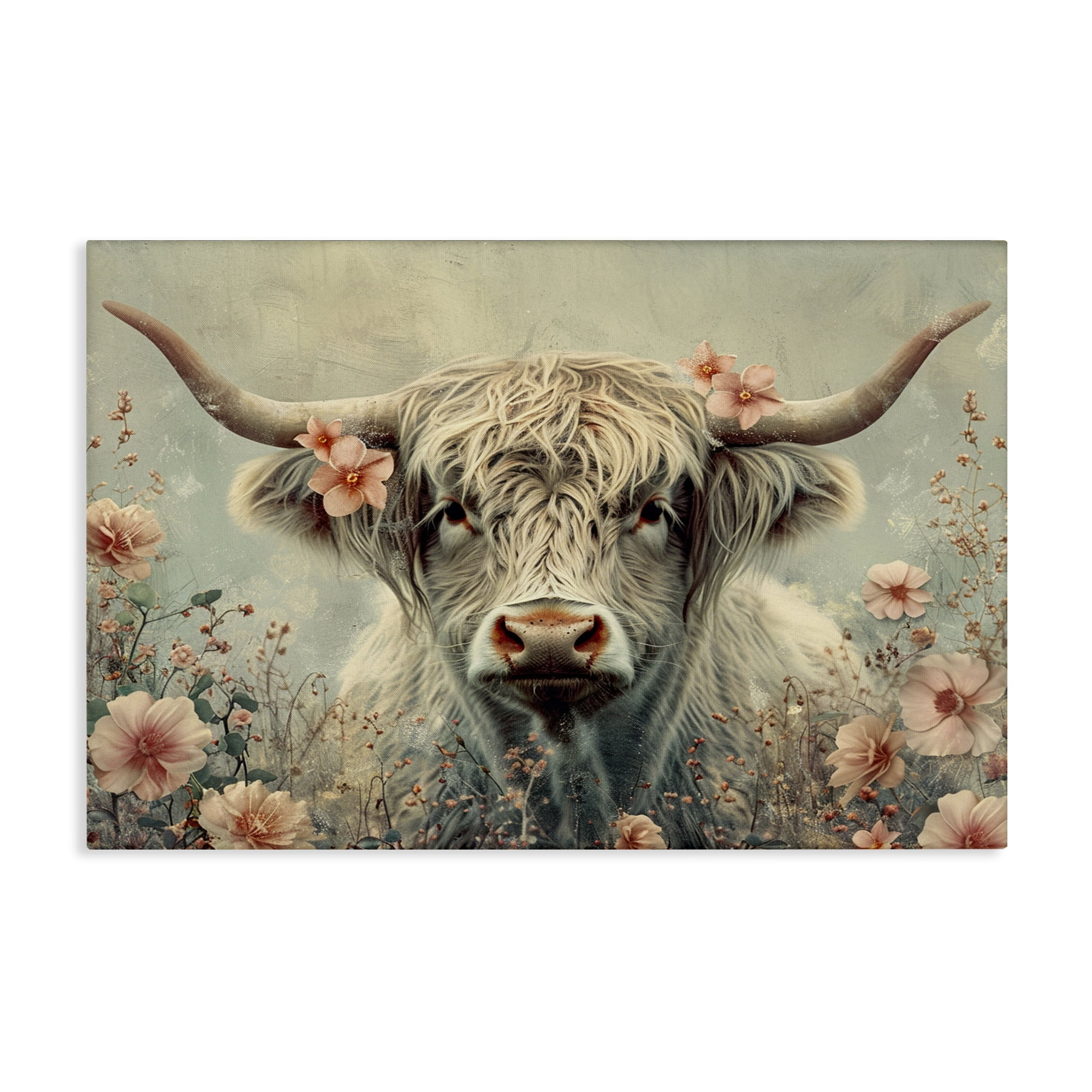 Stupell Industries Cow with Cherry Blossoms Animals Painting Wrapped Canvas Art Print Wall Art, 30 x 20