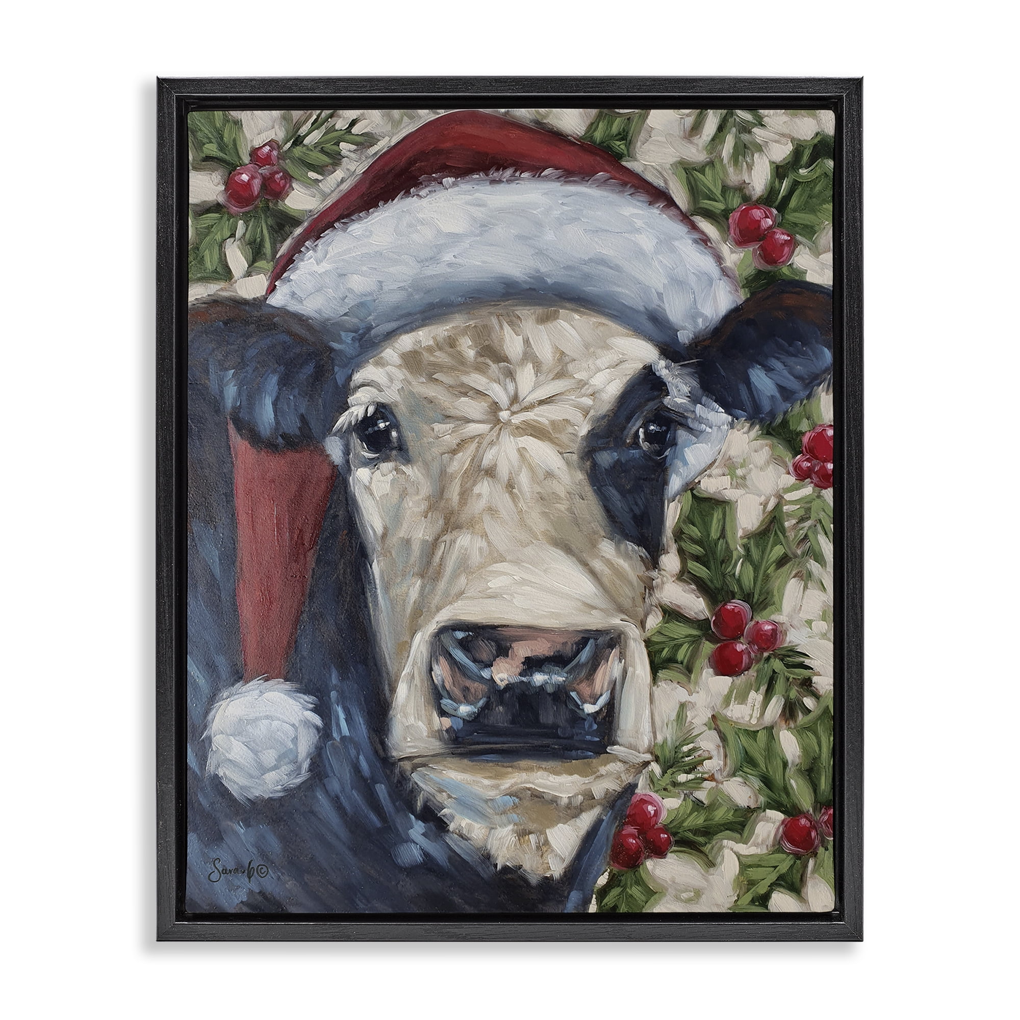 Stupell Industries Cow with Festive Holly Holiday Painting Black Floater Framed Art Print Wall Art, 25 x 31