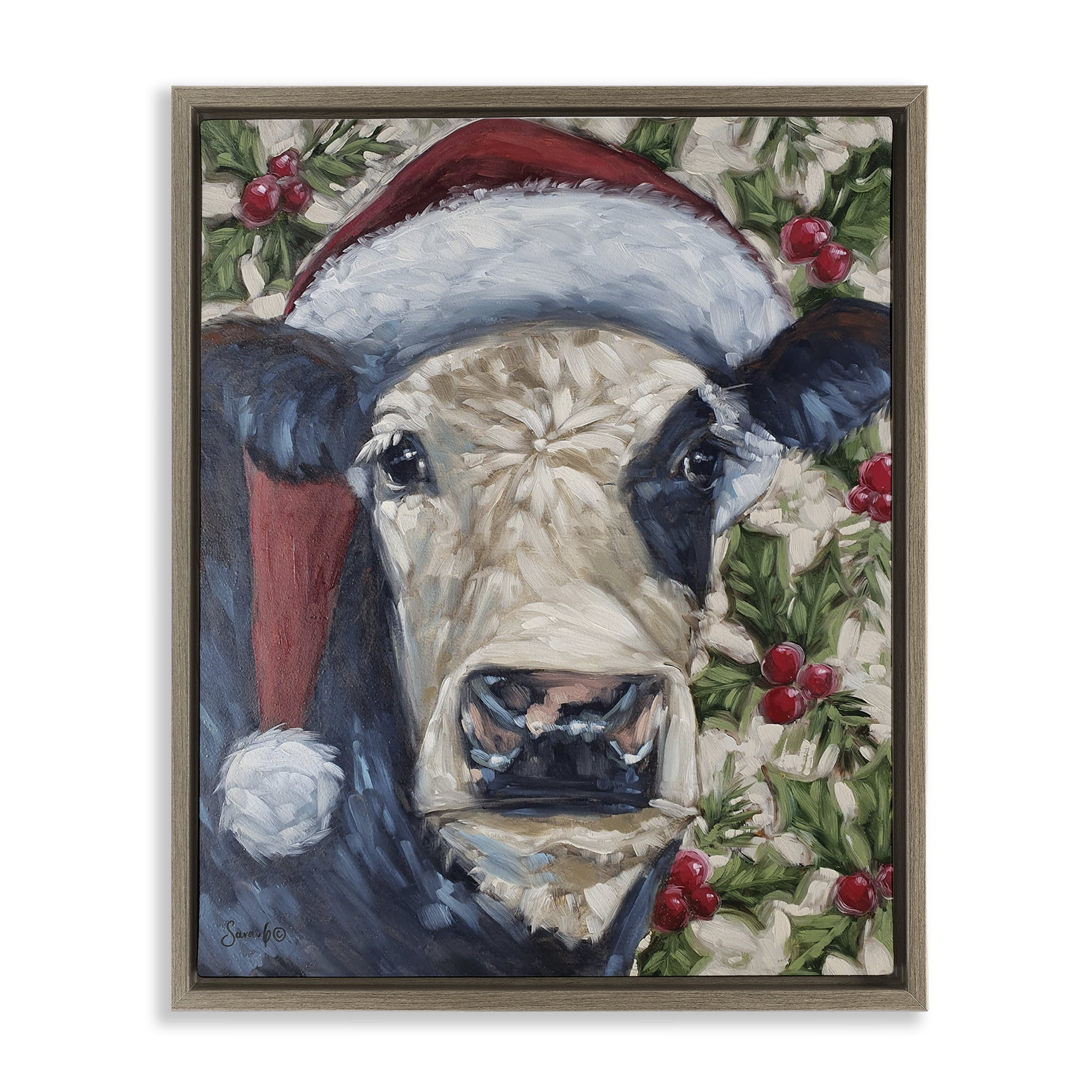 Stupell Industries Cow with Festive Holly Holiday Painting Brown Floater Framed Art Print Wall Art, 25 x 31