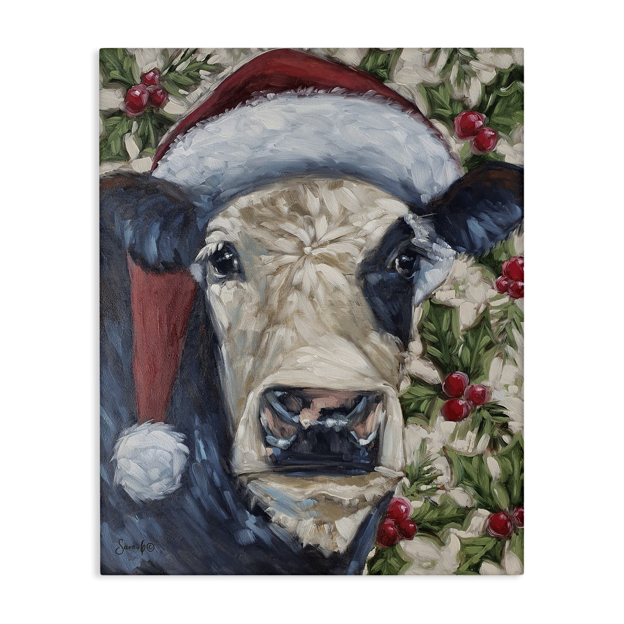 Stupell Industries Cow with Festive Holly Holiday Painting Gallery Wrapped Canvas Art Print Wall Art, 16 x 20
