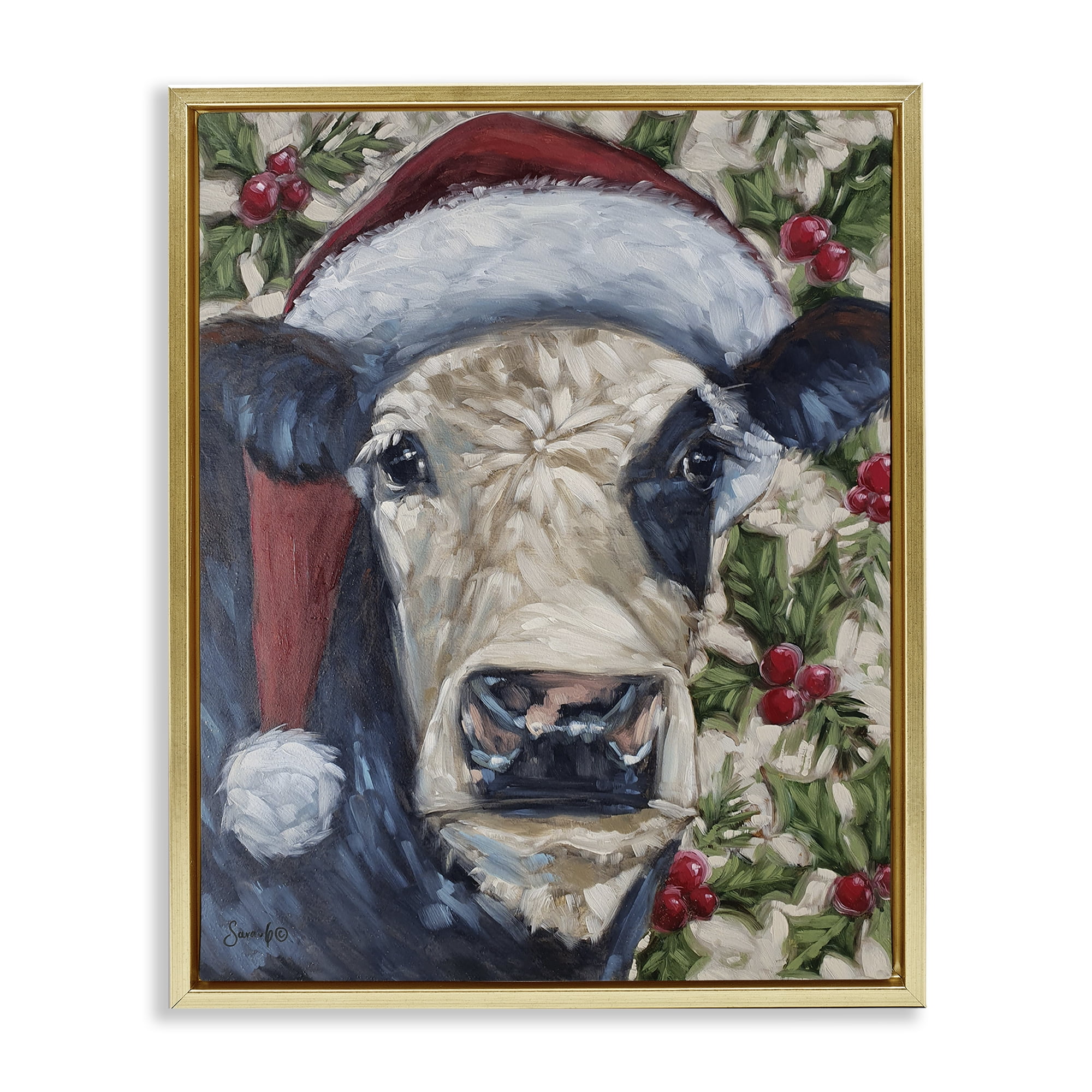 Stupell Industries Cow with Festive Holly Holiday Painting Gold Floater Framed Art Print Wall Art, 25 x 31