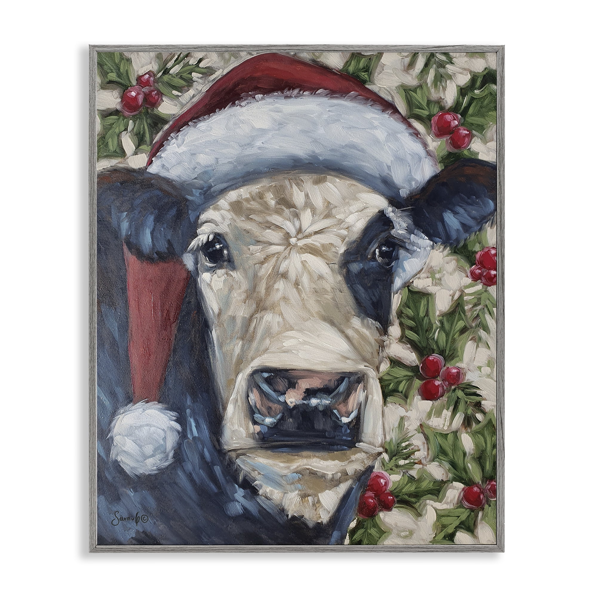 Stupell Industries Cow with Festive Holly Holiday Painting Gray Framed Art Print Wall Art, 11 x 14