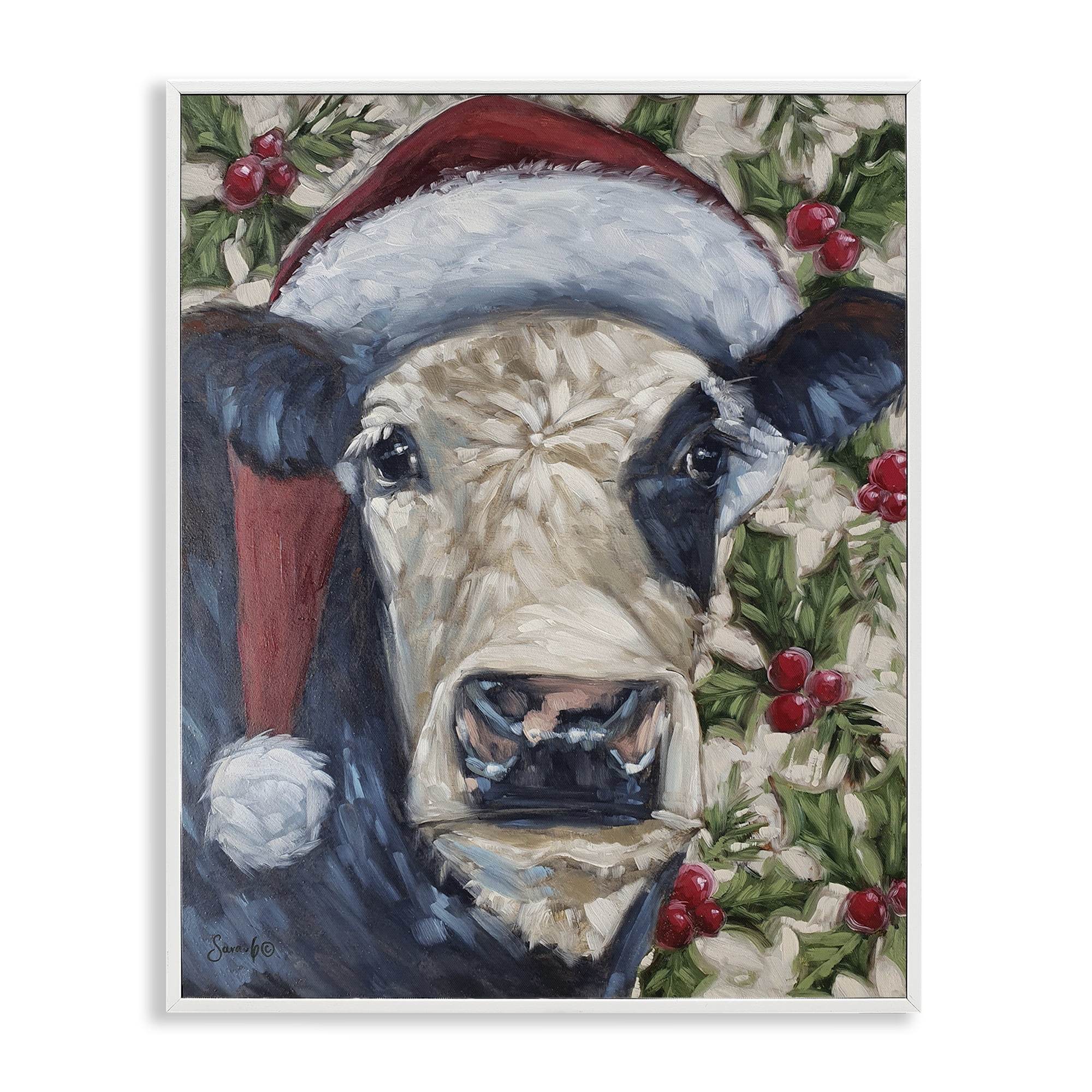 Stupell Industries Cow with Festive Holly Holiday Painting White Framed Art Print Wall Art, 11 x 14