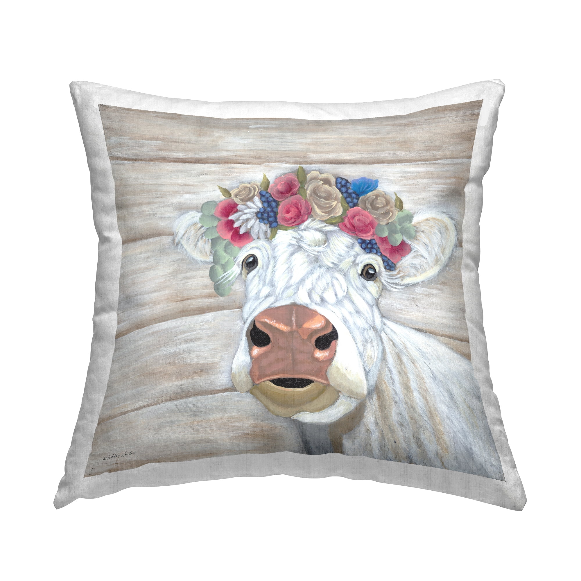Stupell Industries Cow with Floral Crown Decorative Printed Throw Pillow, 18 x 18