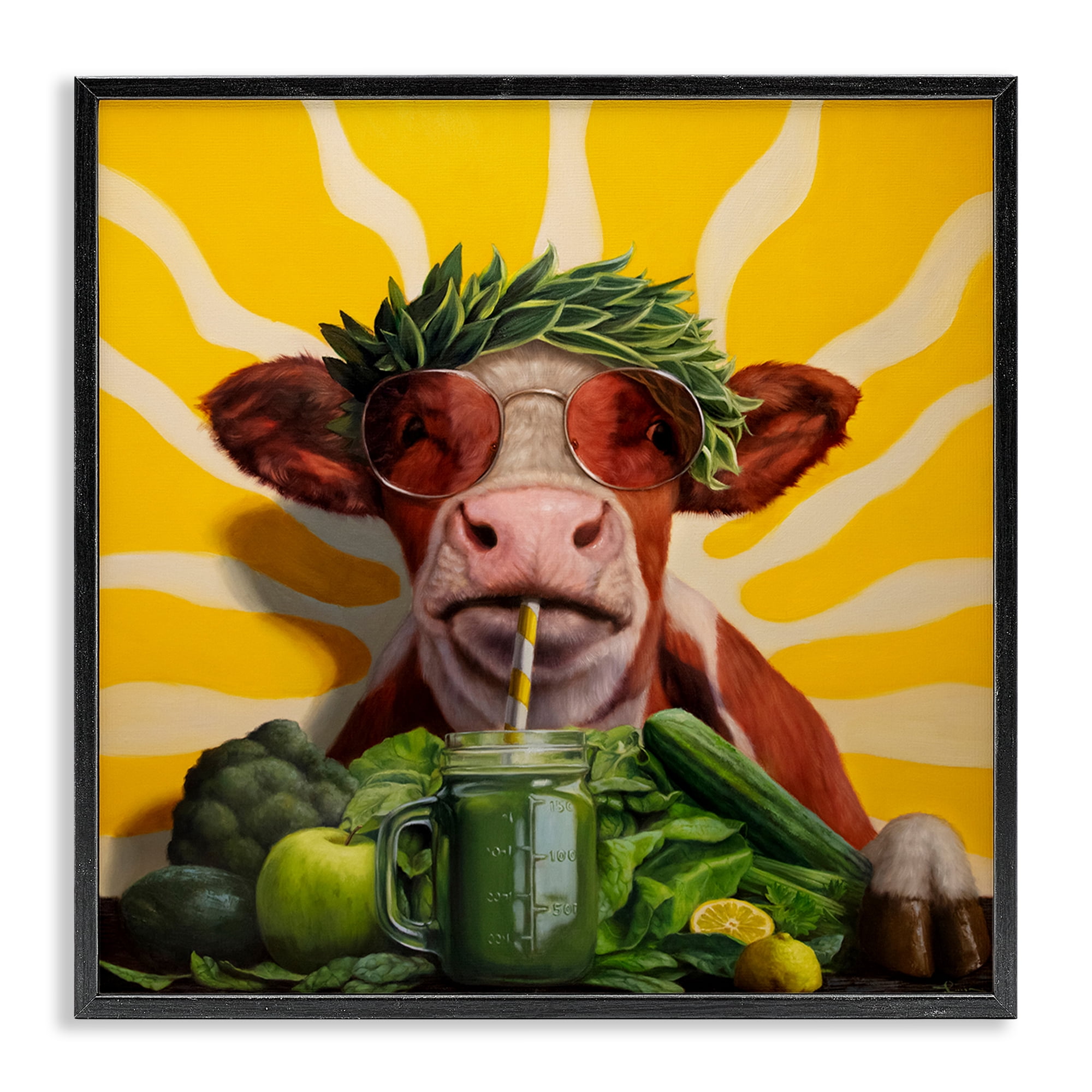 Stupell Industries Cow with Healthy Smoothie Food & Beverage Painting Black Framed Art Print Wall Art, 24 x 24