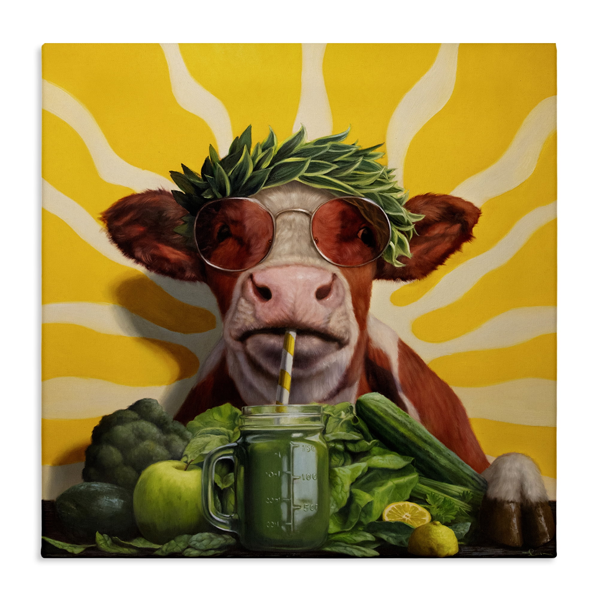 Stupell Industries Cow with Healthy Smoothie Food & Beverage Painting Gallery Wrapped Canvas Art Print Wall Art, 17 x 17