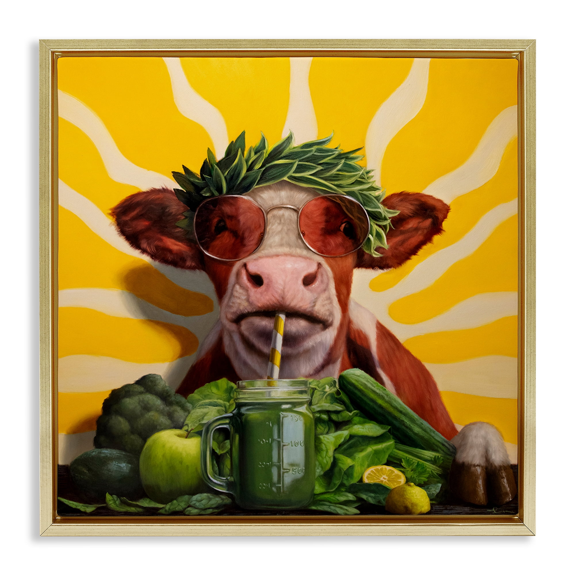 Stupell Industries Cow with Healthy Smoothie Food & Beverage Painting Gold Floater Framed Canvas Art Print Wall Art, 18 x 18