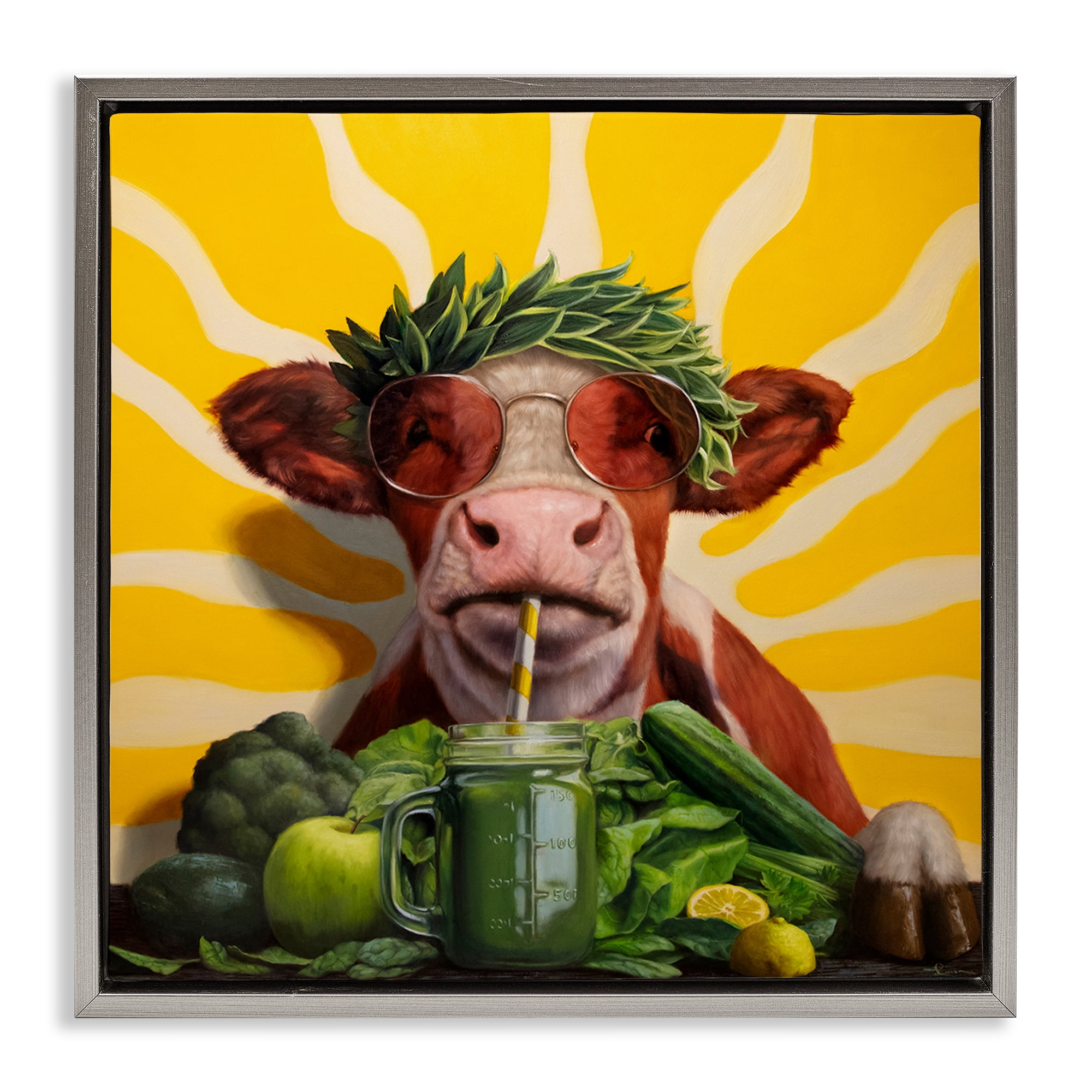 Stupell Industries Cow with Healthy Smoothie Food & Beverage Painting Gray Floater Framed Canvas Art Print Wall Art, 25 x 25