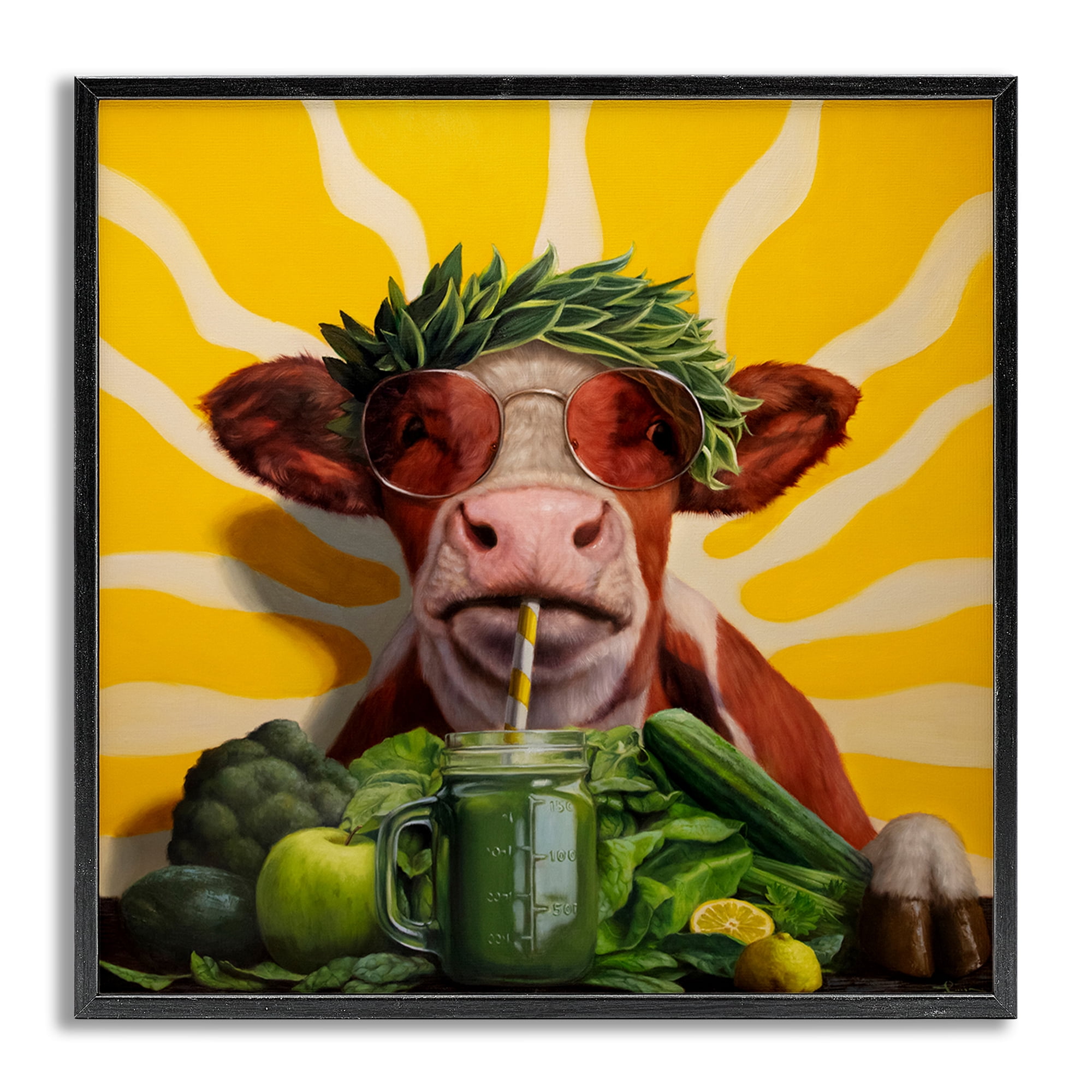 Stupell Industries Cow with Healthy Smoothie Food & Beverage Painting Gray Framed Art Print Wall Art, 12 x 12