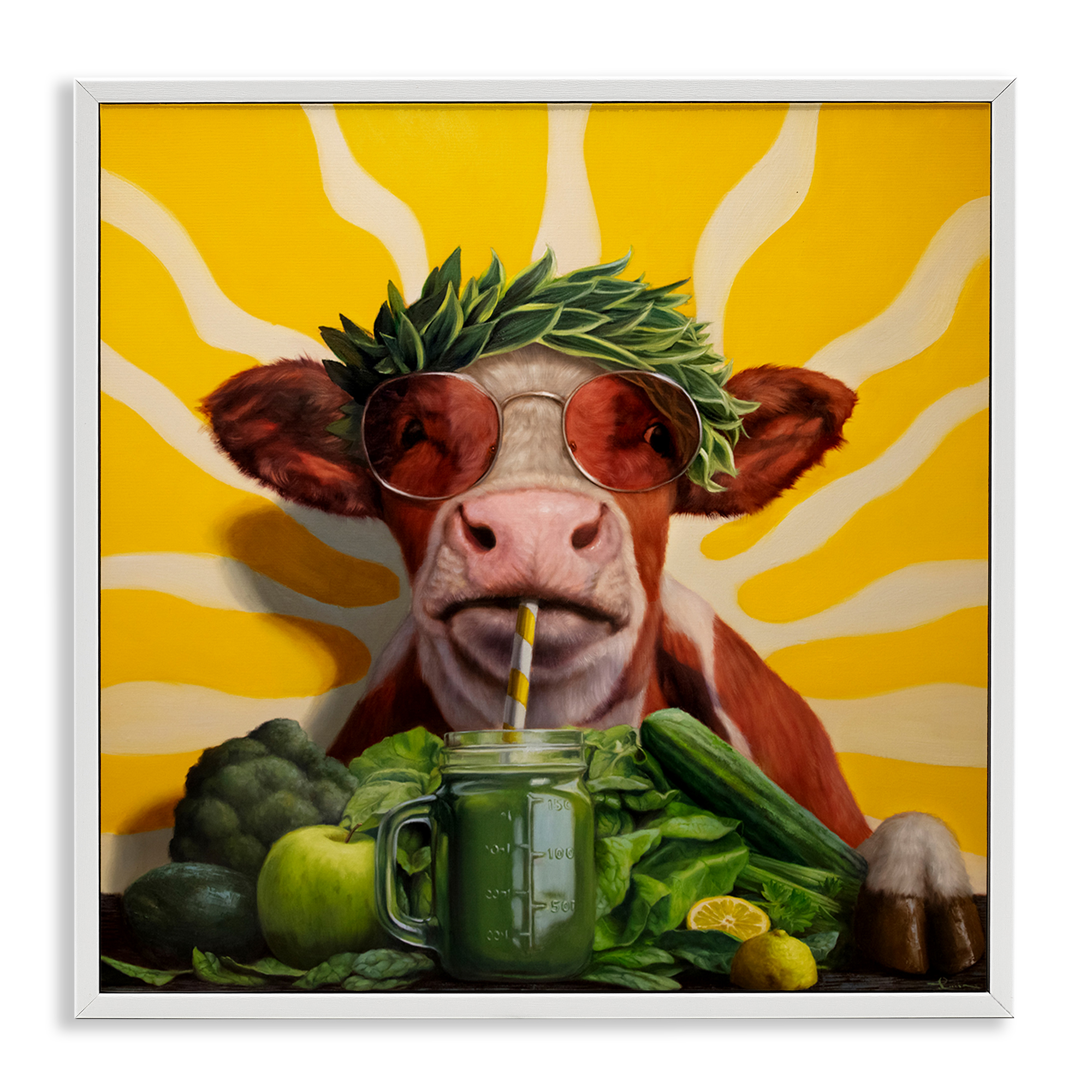 Stupell Industries Cow with Healthy Smoothie Food & Beverage Painting White Framed Art Print Wall Art, 12 x 12