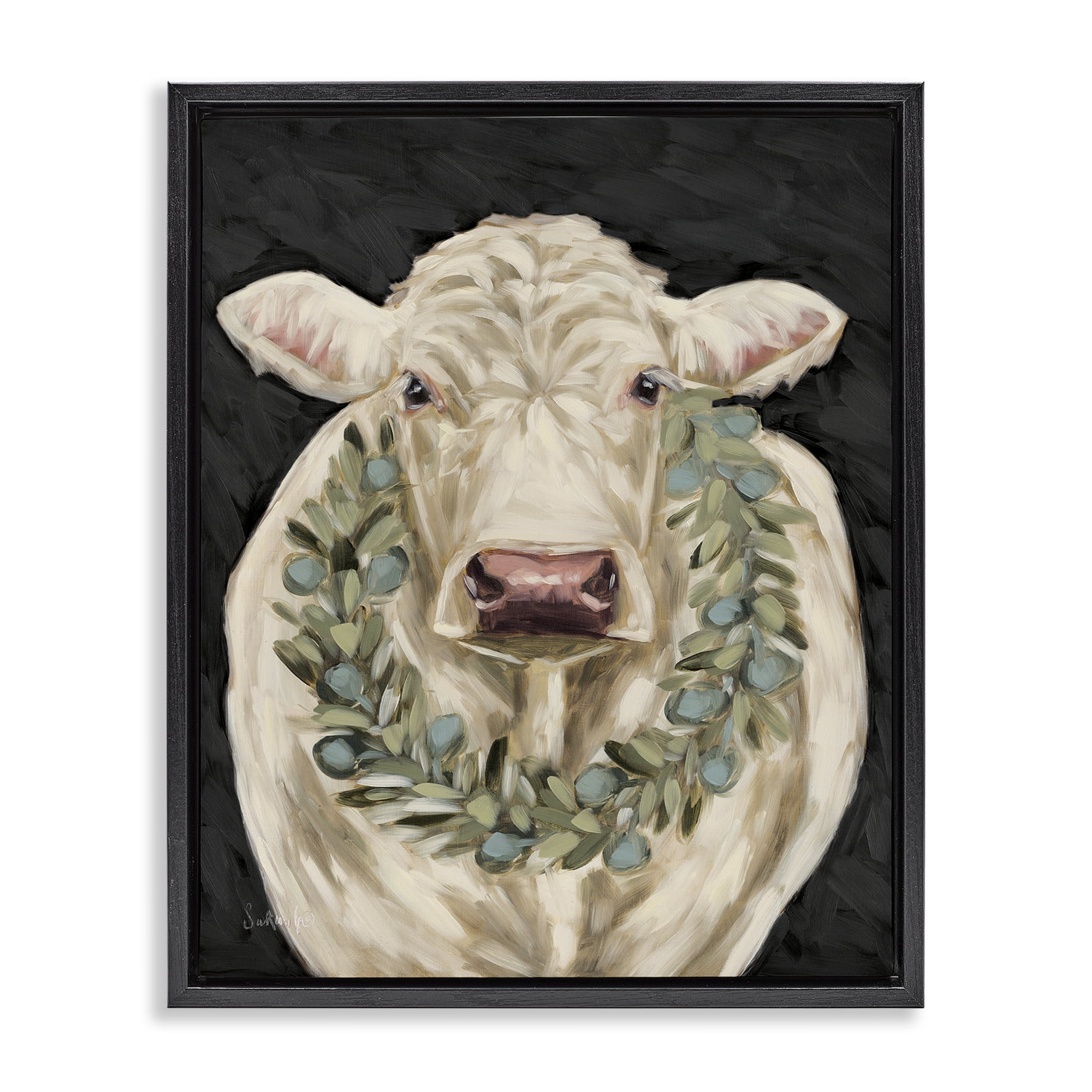 Stupell Industries Cow with Holiday Wreath Holiday Painting Black Floater Framed Canvas Art Prints Wall Art, 17 x 21